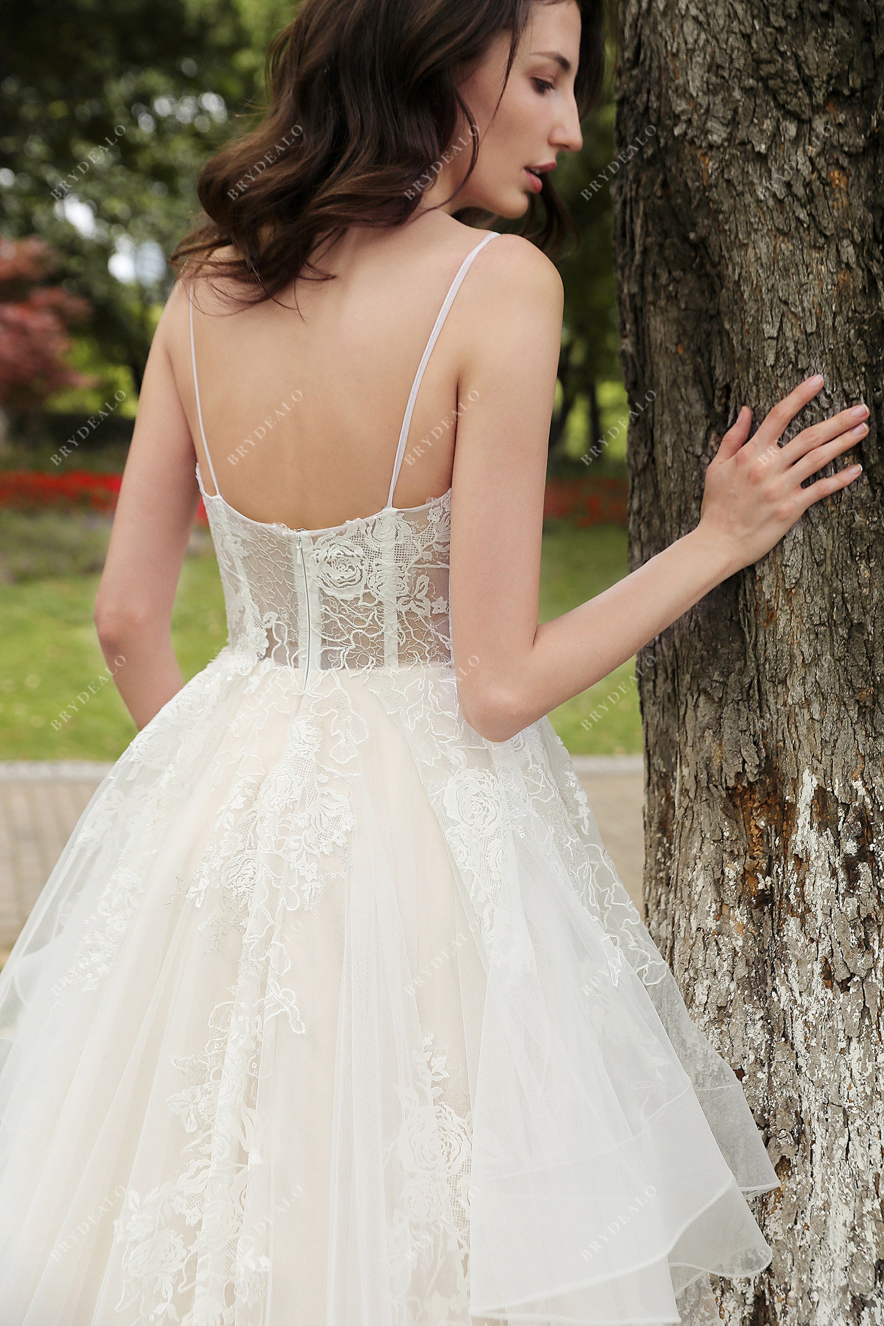 Champagne Romantic Lace Thin Straps Tulle A-line Fall Wedding Dress Brydealo Champagne Romantic Lace Thin Straps Tulle A-line Fall Wedding Dress Brydealo