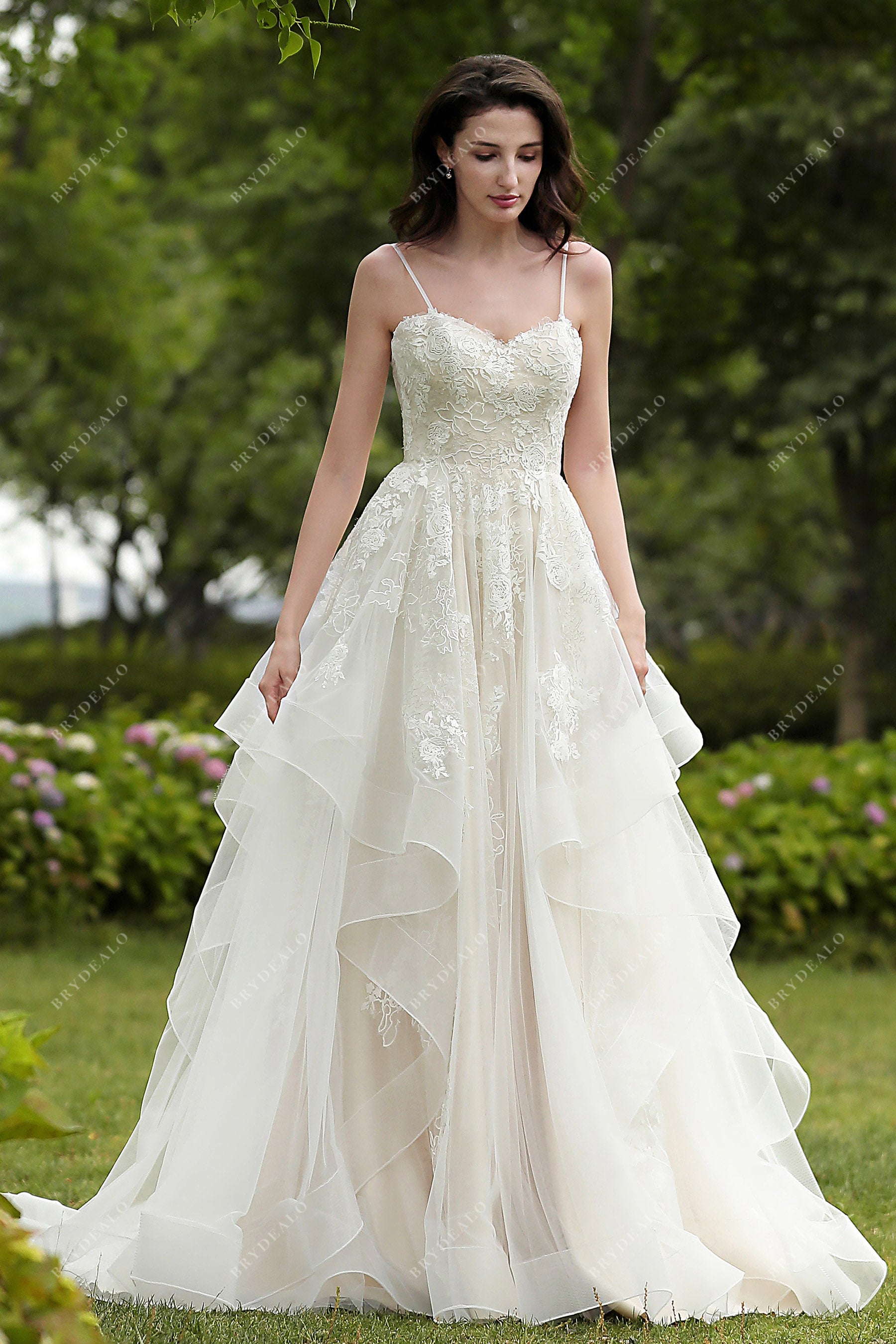thin strap lace tulle A-line wedding dress