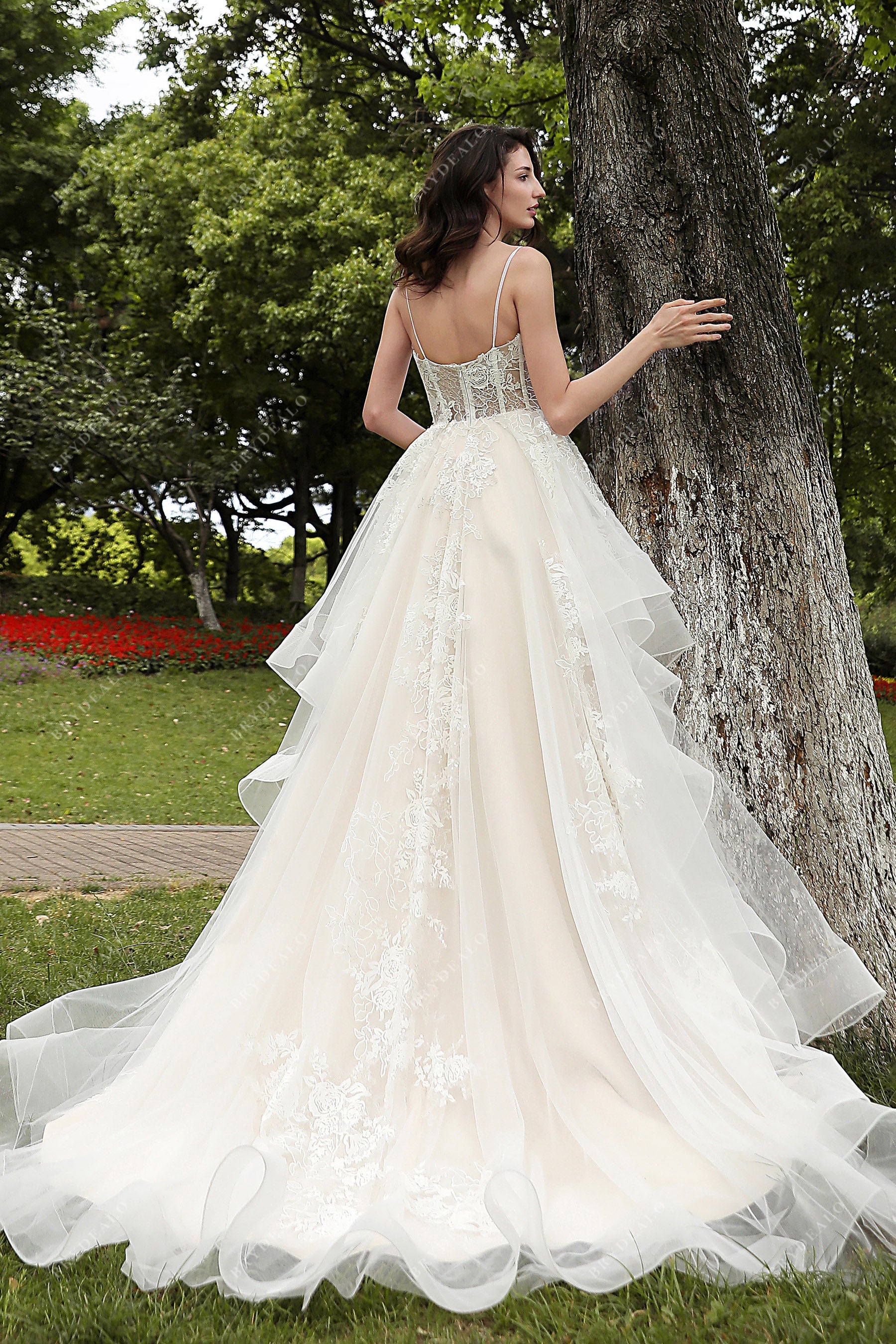 Champagne Romantic Lace Thin Straps Tulle A-line Fall Wedding Dress Brydealo Champagne Romantic Lace Thin Straps Tulle A-line Fall Wedding Dress Brydealo