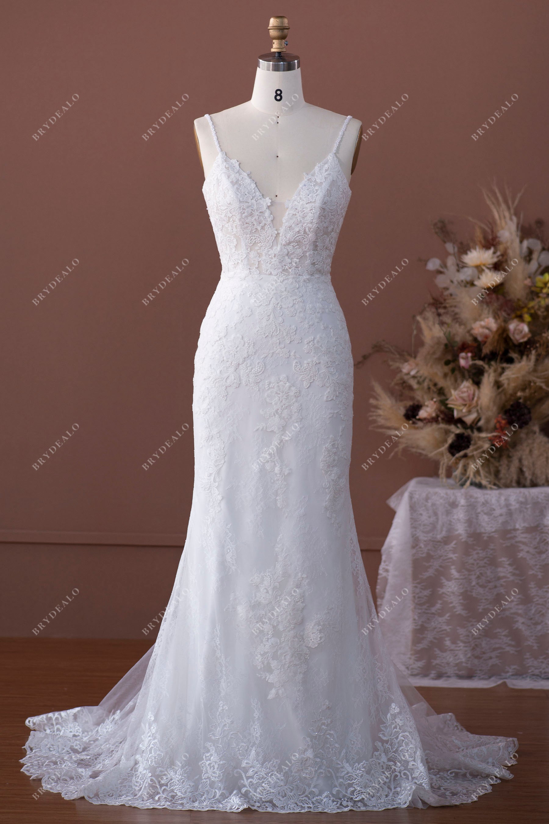 sleeveless beaded lace tulle mermaid wedding dress
