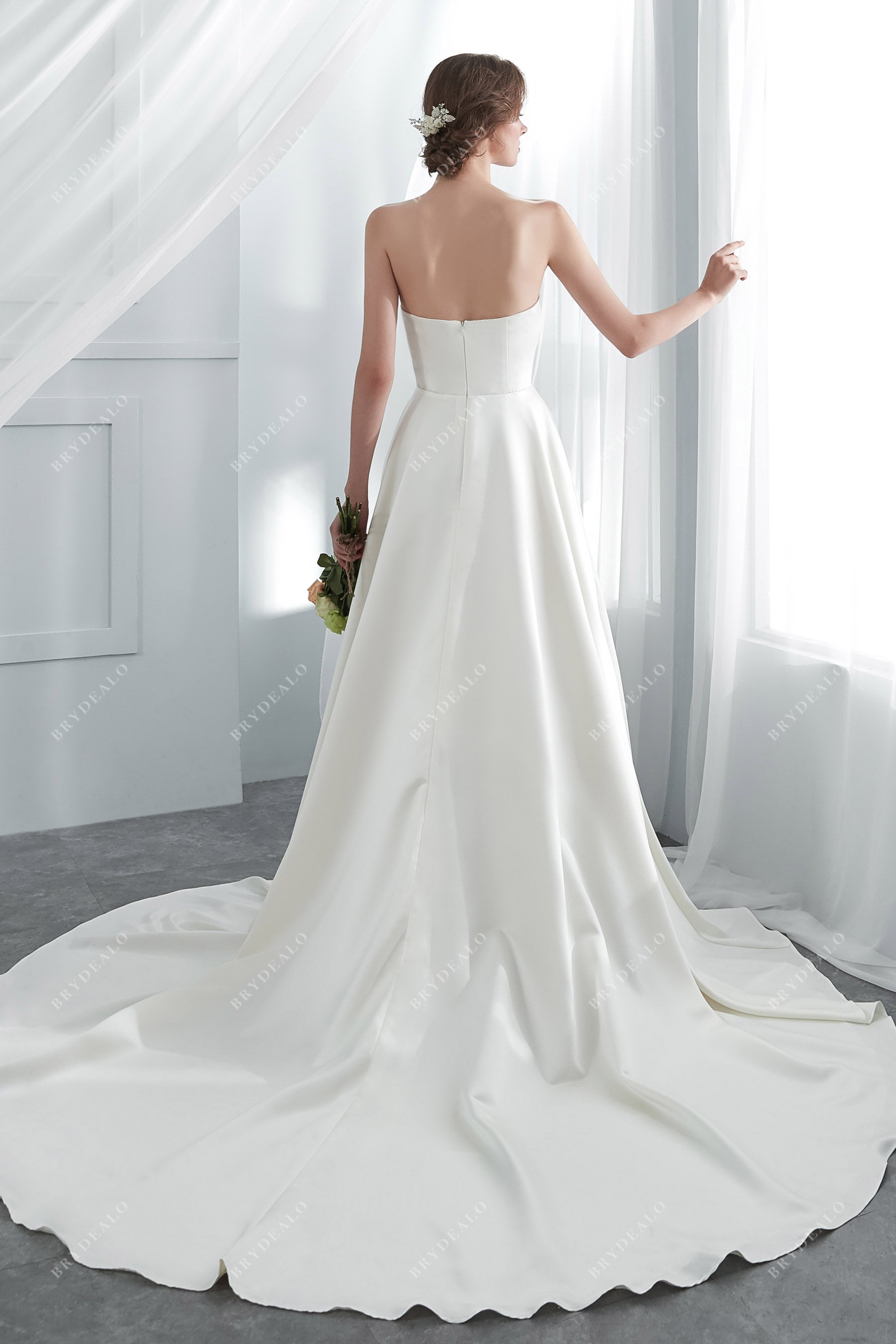 open back A-line long train wedding dress 