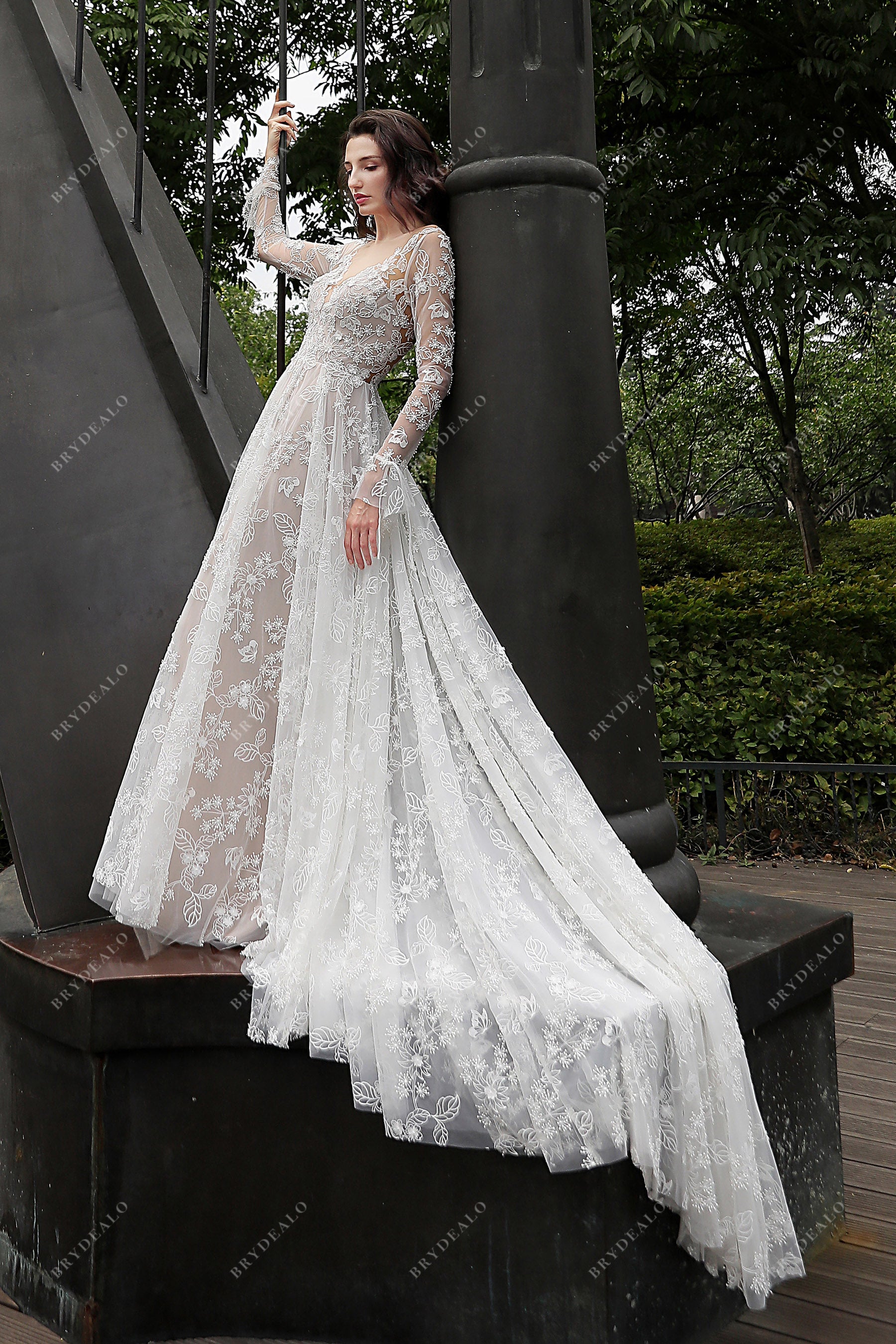 Romantic Flower Lace Long Sleeve Illusion Neck Summer Bridal Dress – Brydealo