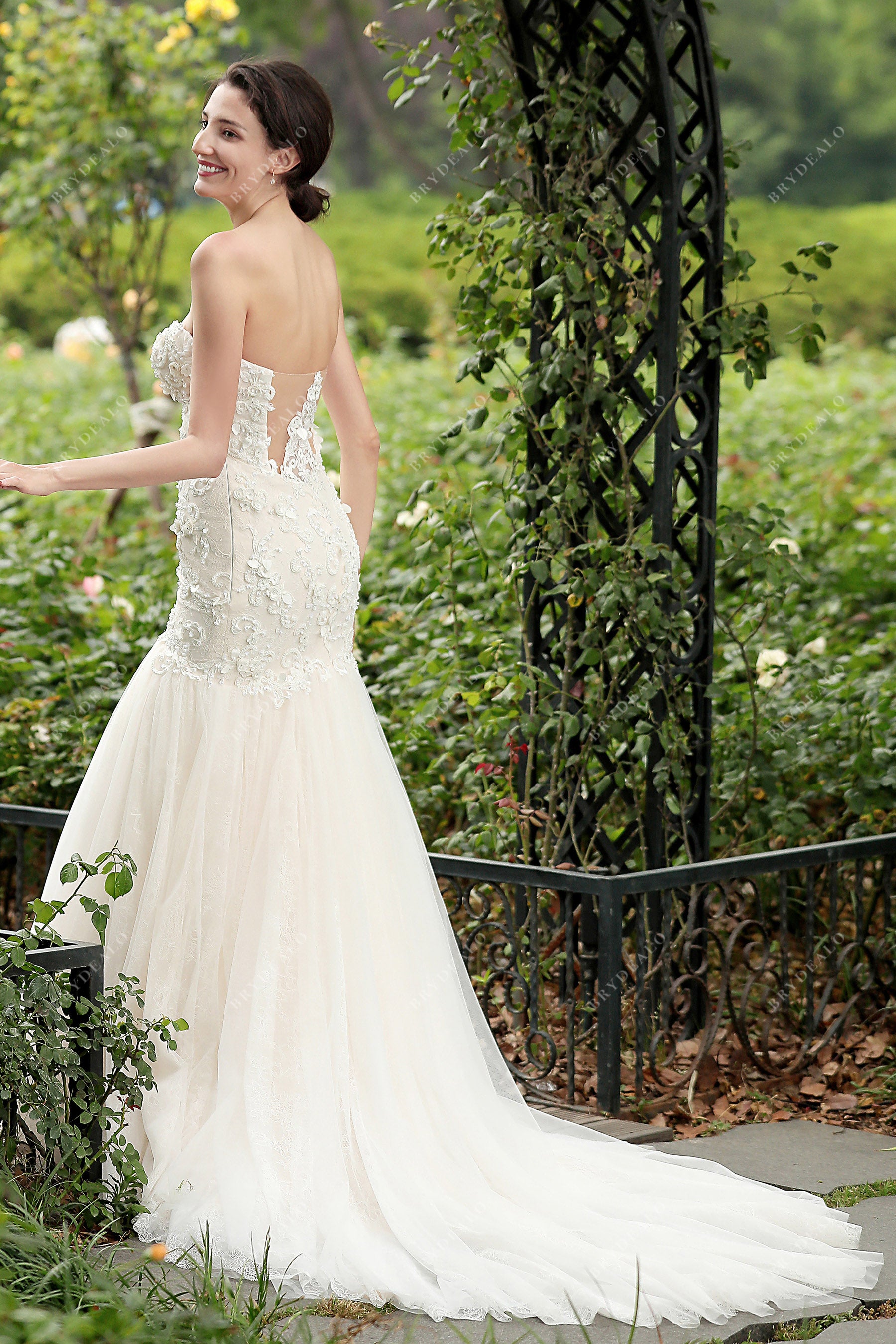 open back floral applique trumpet wedding dress