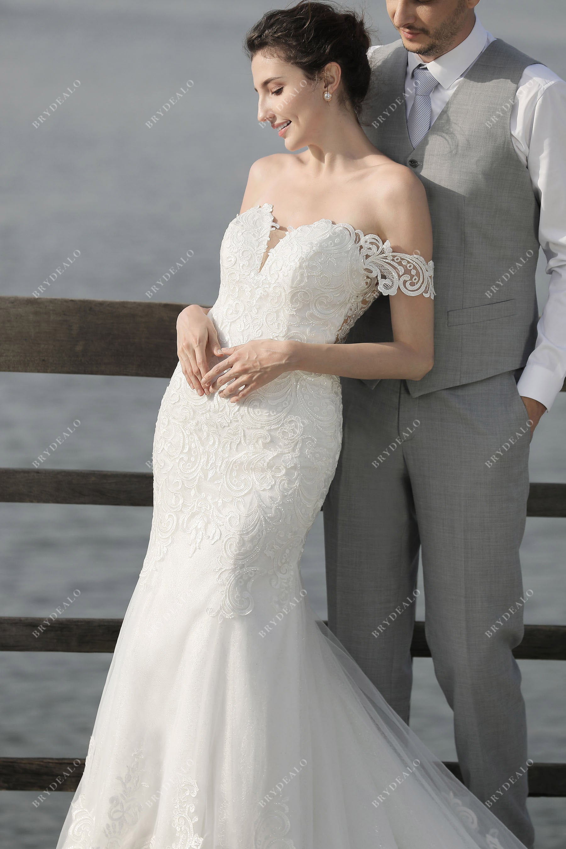 off shoulder lace tulle trumpet bridal dress