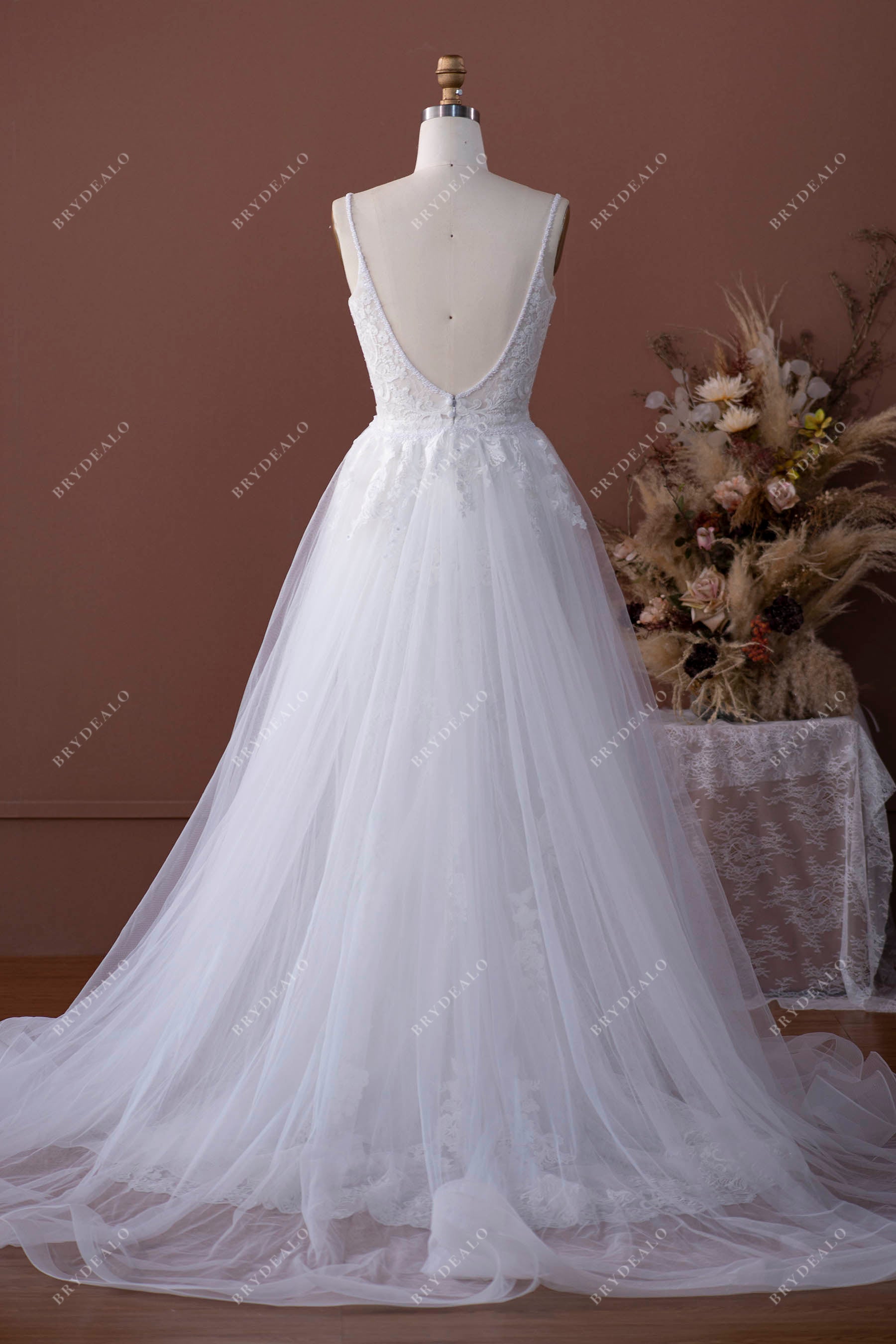 open back tulle detachable overskirt bridal dress 