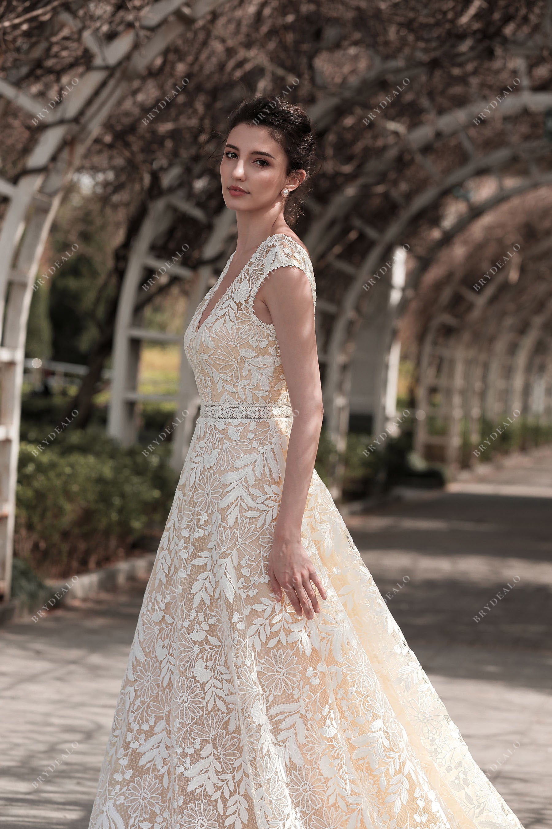 cap sleeces flower lace bridal dress