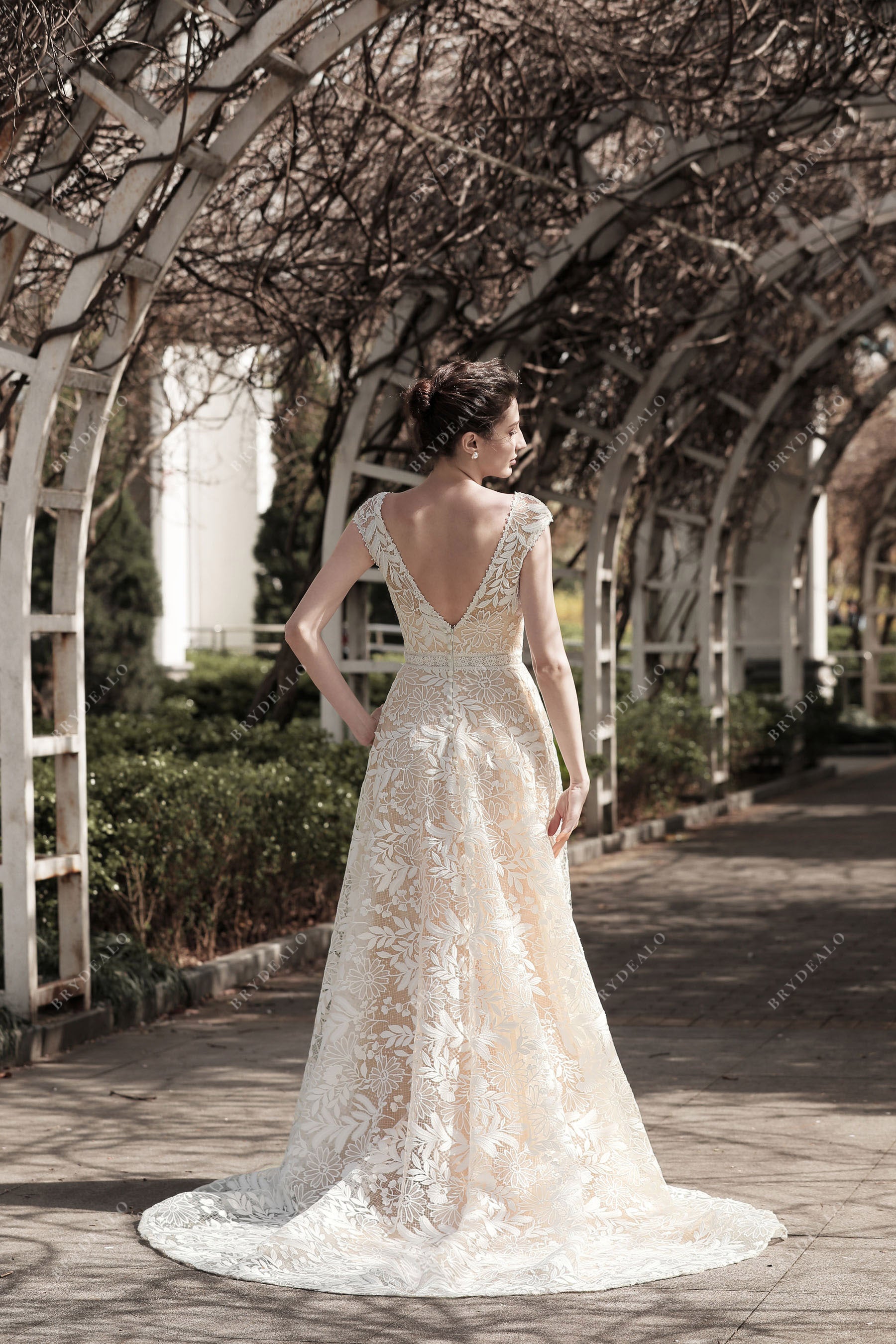 v-back lace applique sweep train bridal dress