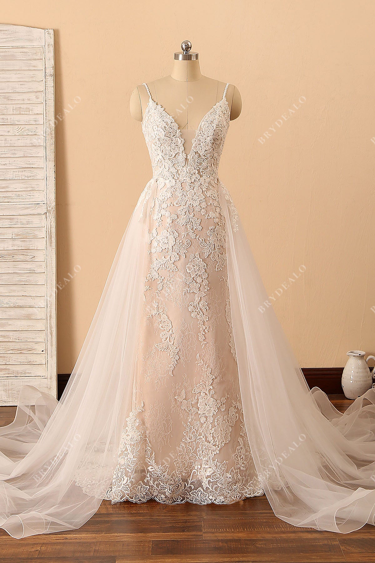 thin strap plunging neck lace overskirt wedding dress