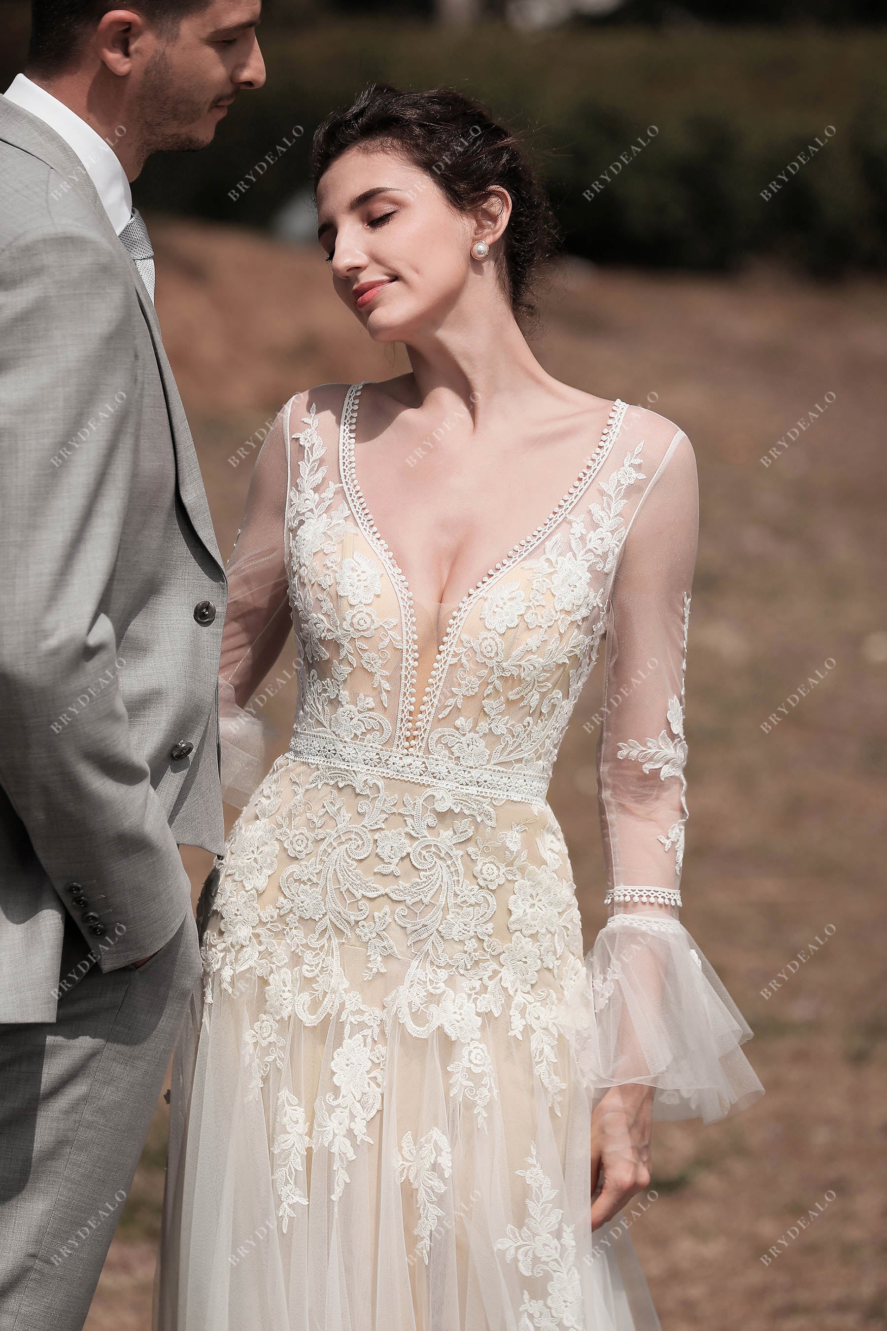 V-neck lace applique tulle wedding dress