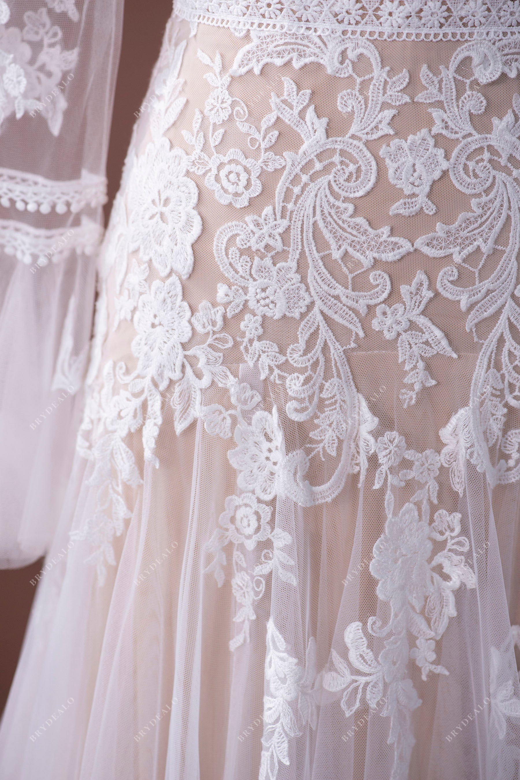 Romantic Bell Sleeve Boho Lace Slit Fit and Flare Spring Wedding Dress Brydealo Romantic Bell Sleeve Boho Lace Slit Fit and Flare Spring Wedding Dress Brydealo