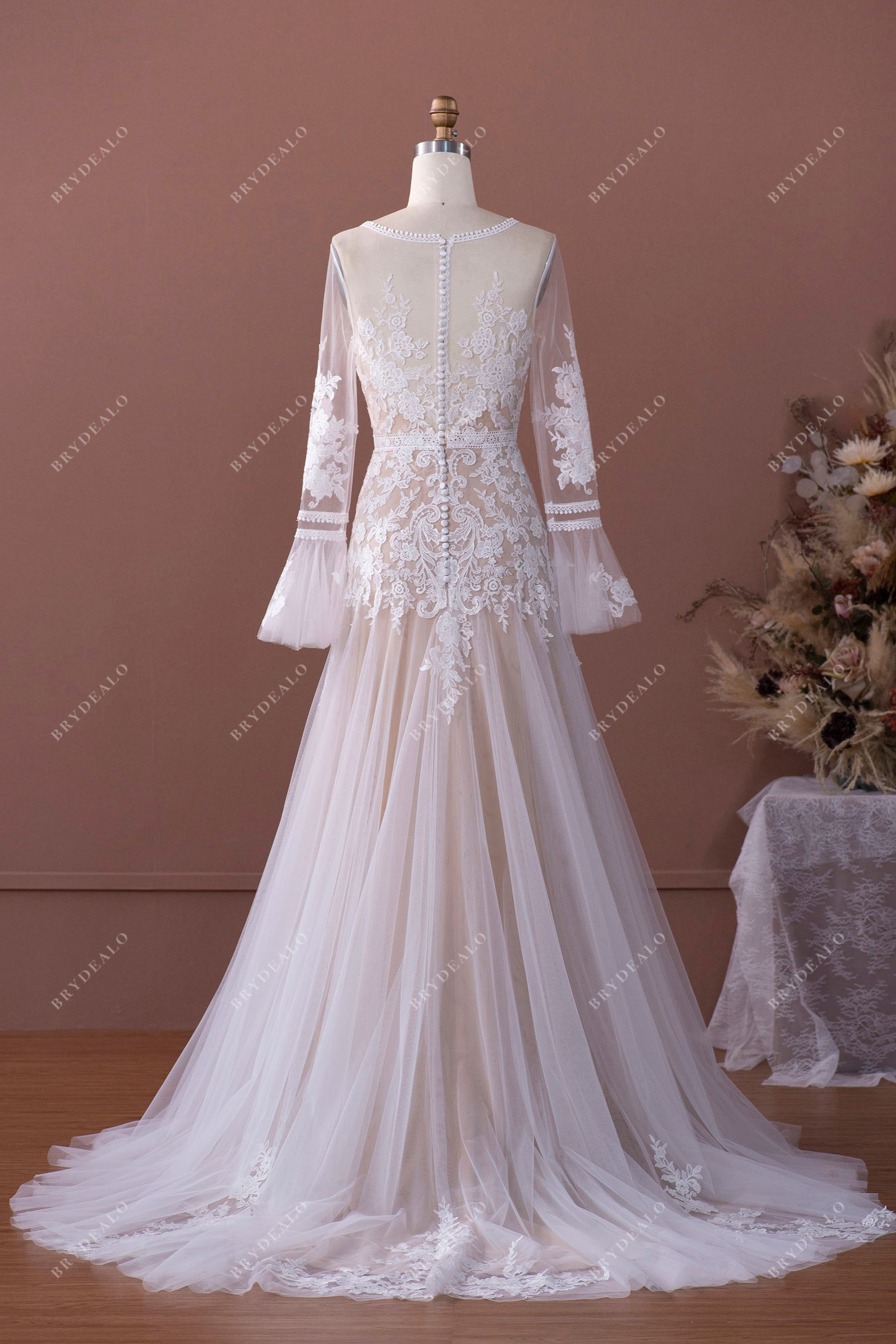 bell sleeve pleated tulle A-line bridal dress