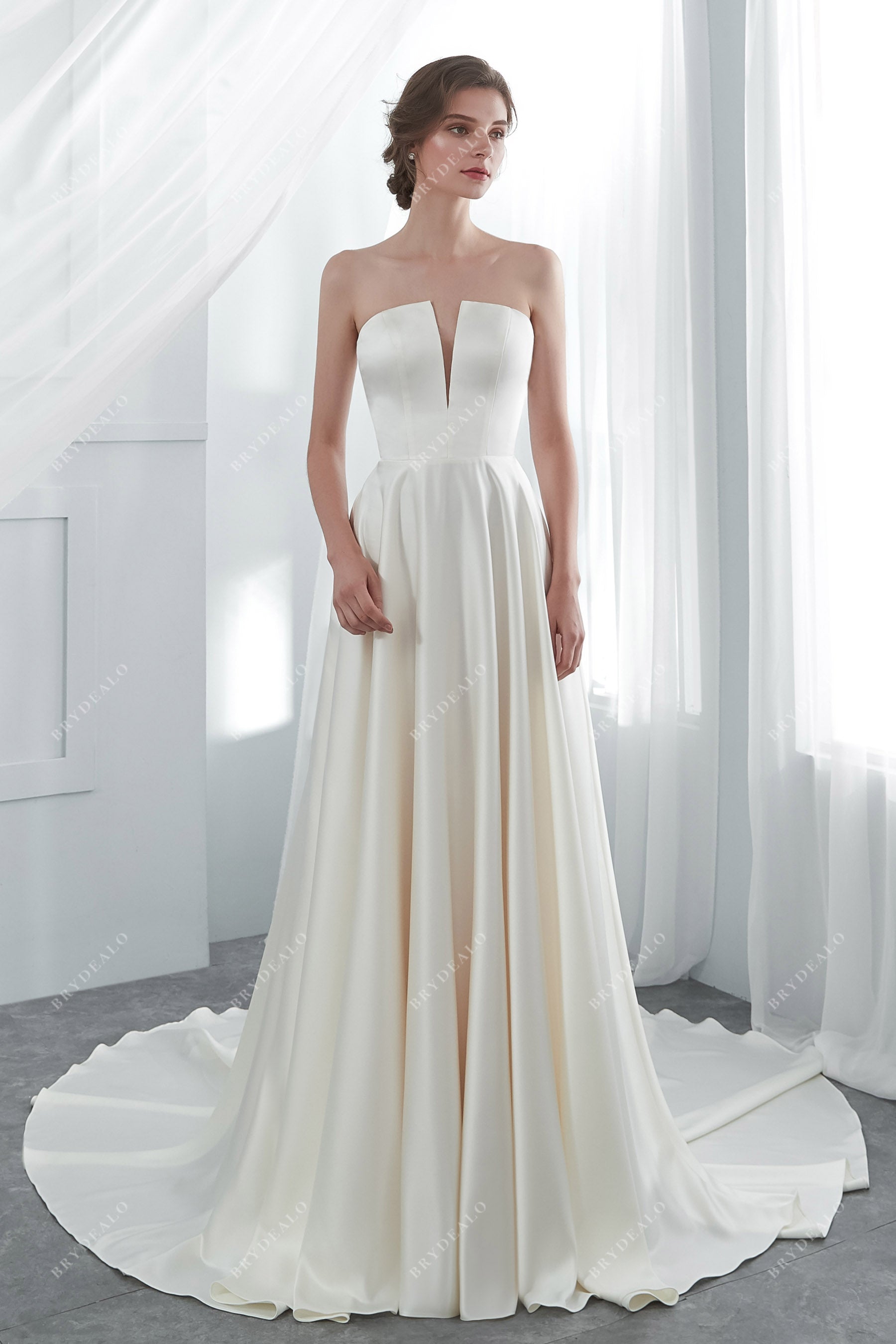strapless v cut neck silky stain A-line wedding dress