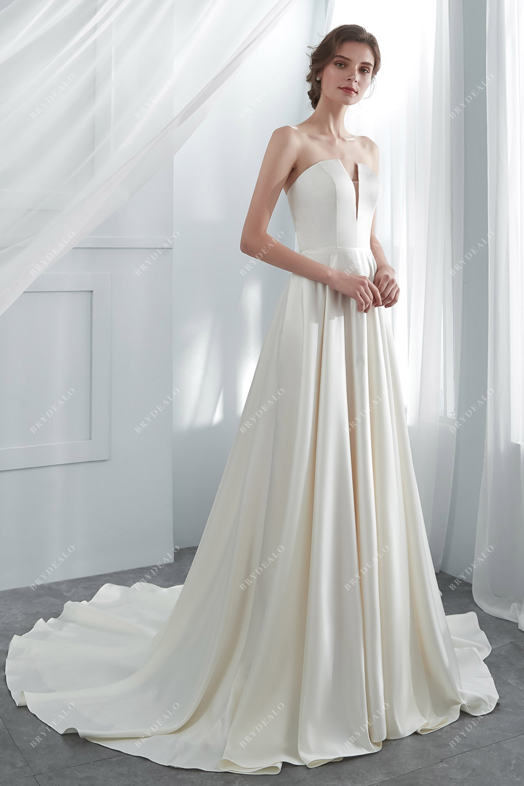 strapless pleated A-line bridal dress