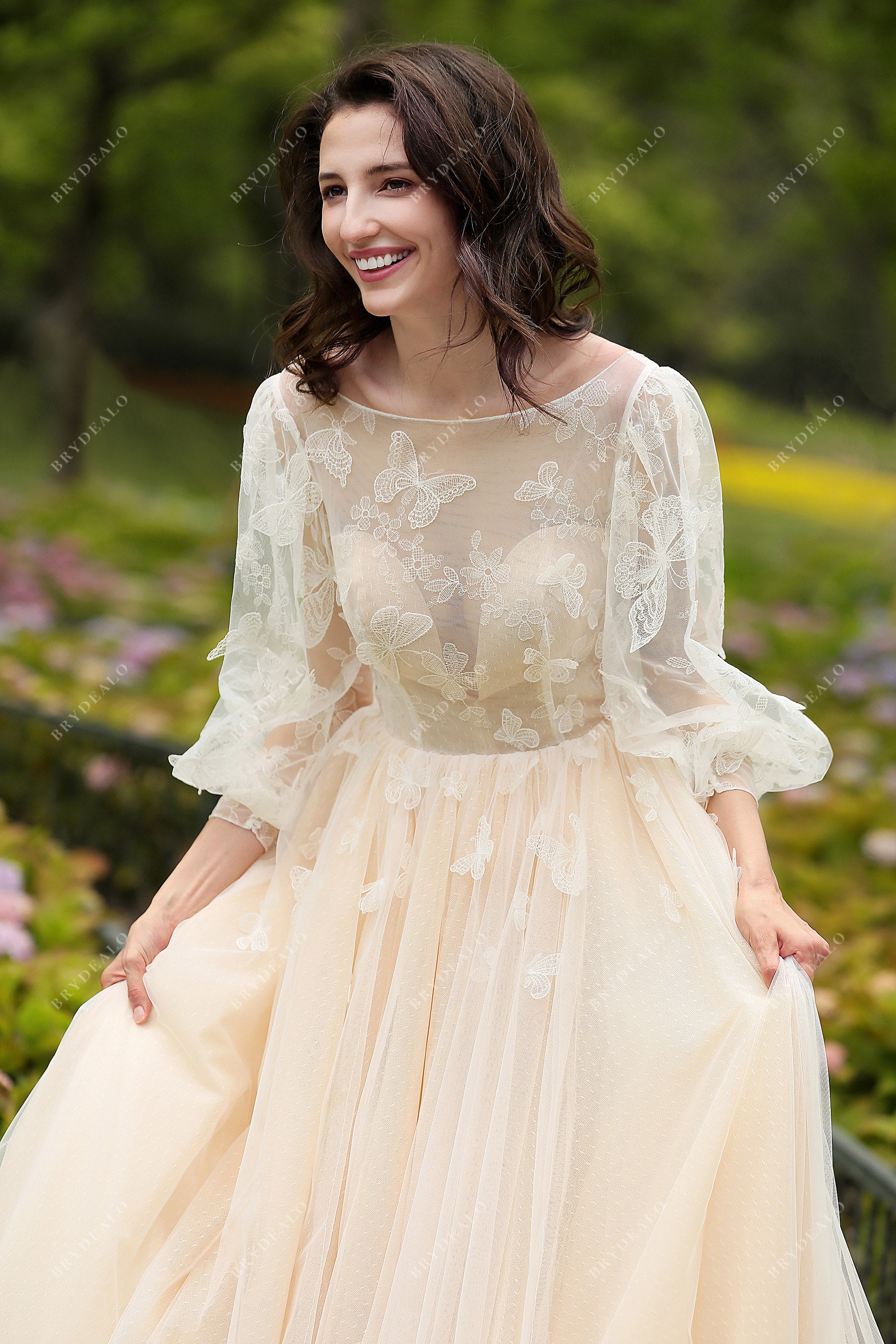 sheer neck long sleeve bridal dress