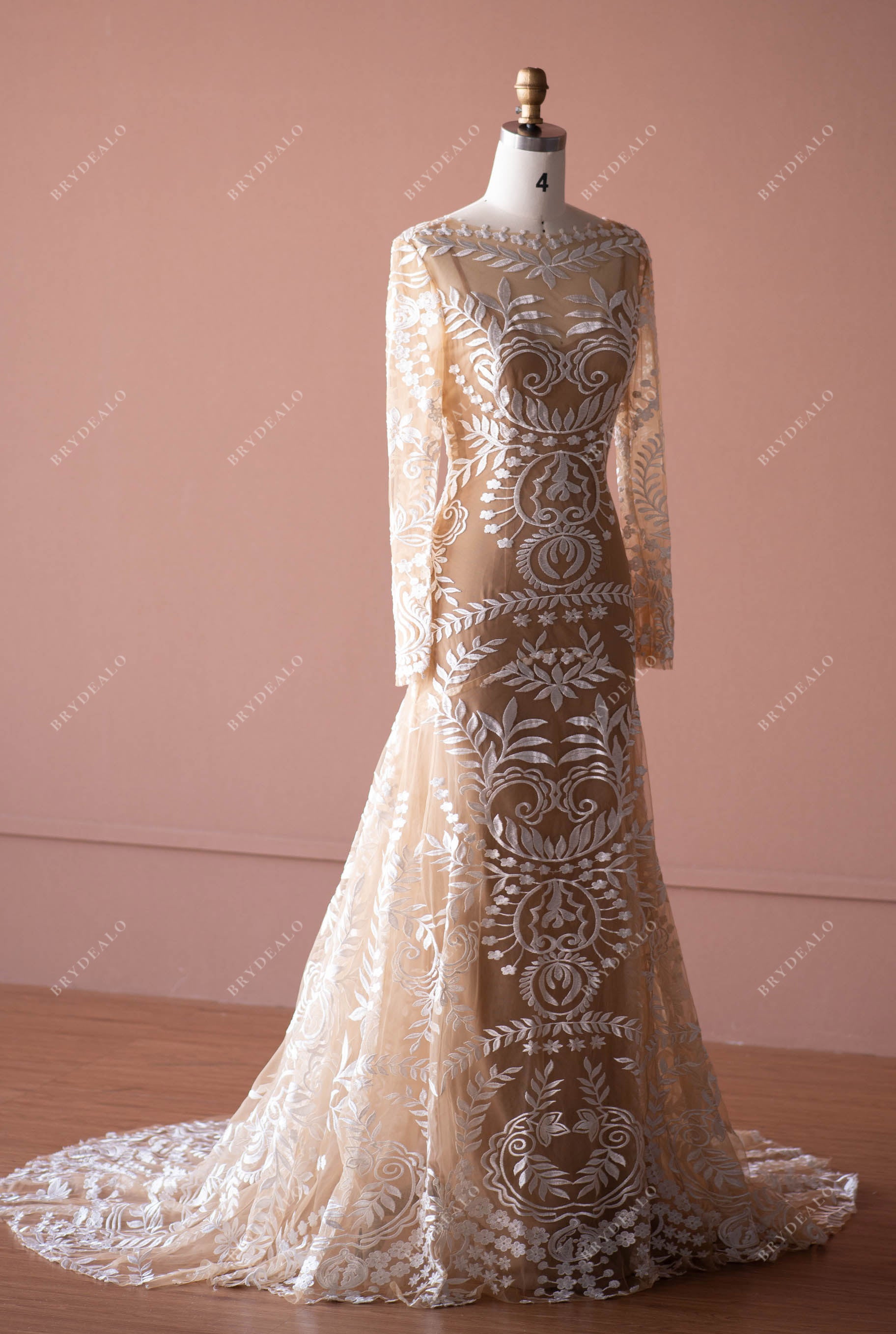 nude lining lace wedding dress
