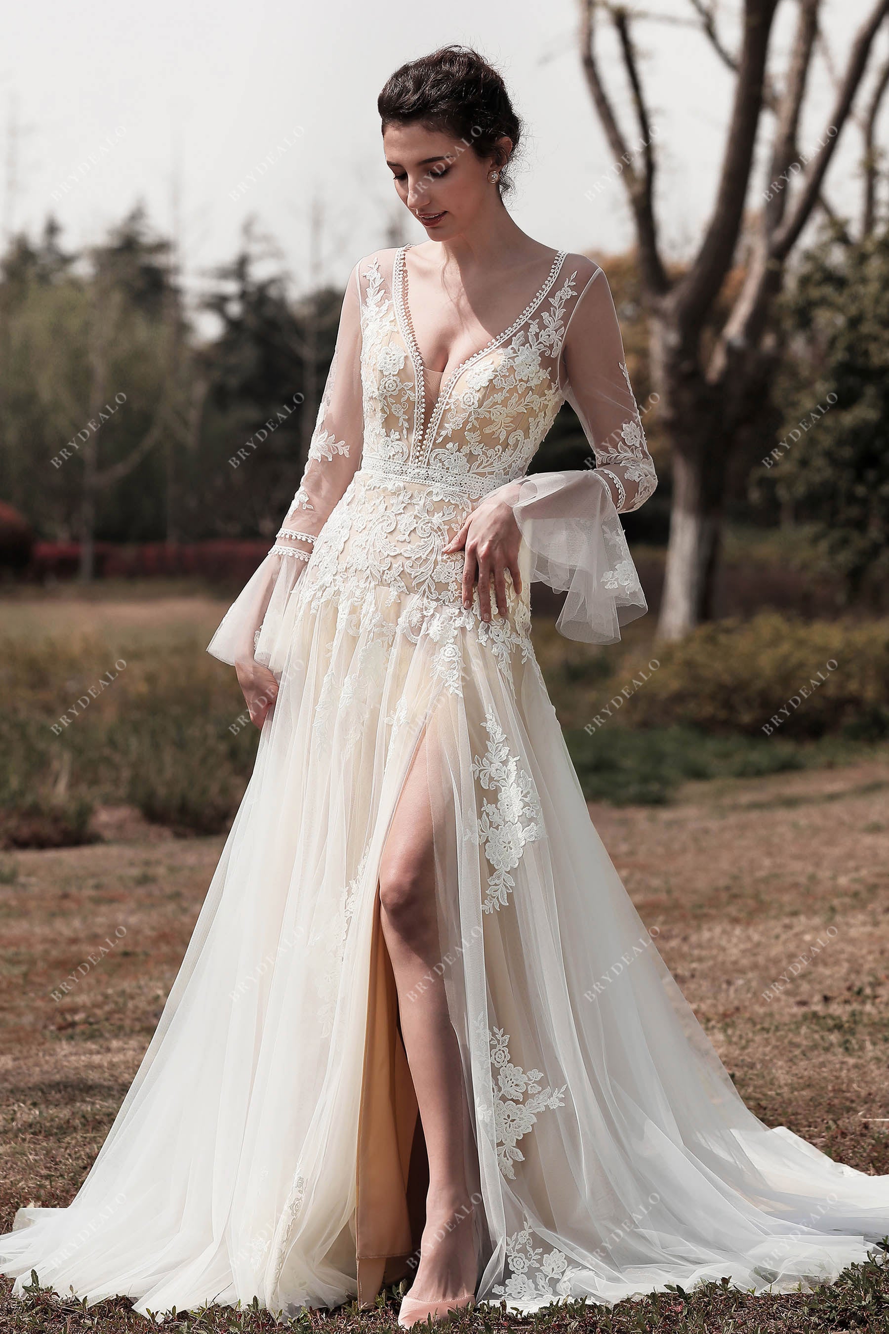 bell sleeved lace slit wedding dress