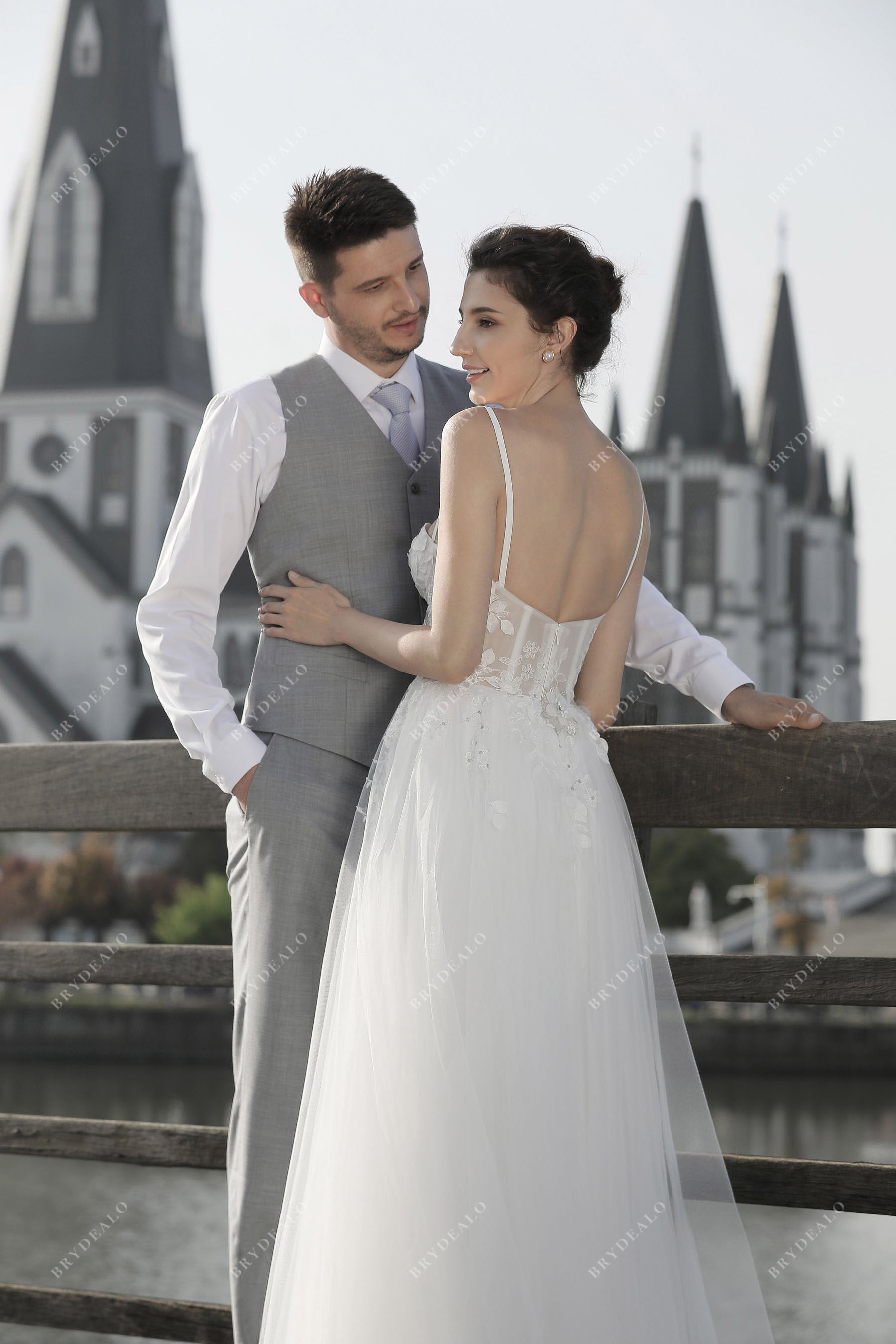 thin strap visible boning tulle wedding dress
