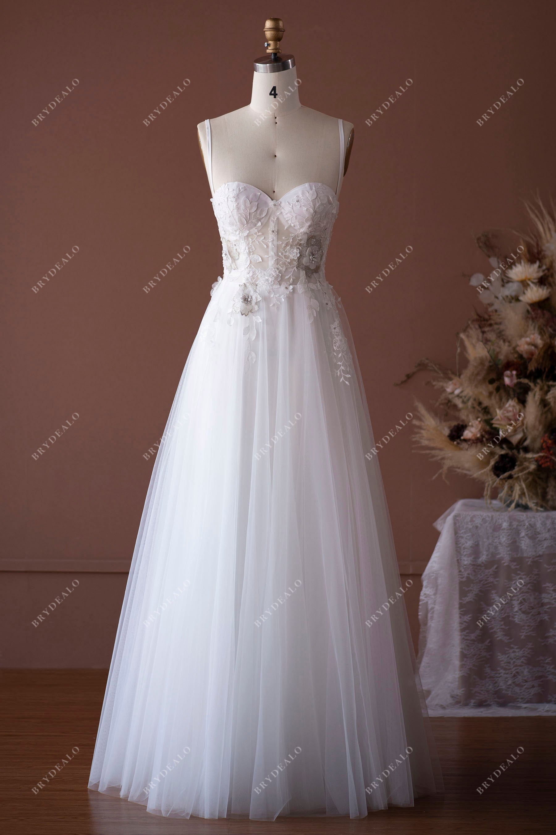 thin strap lace tulle floor length wedding dress