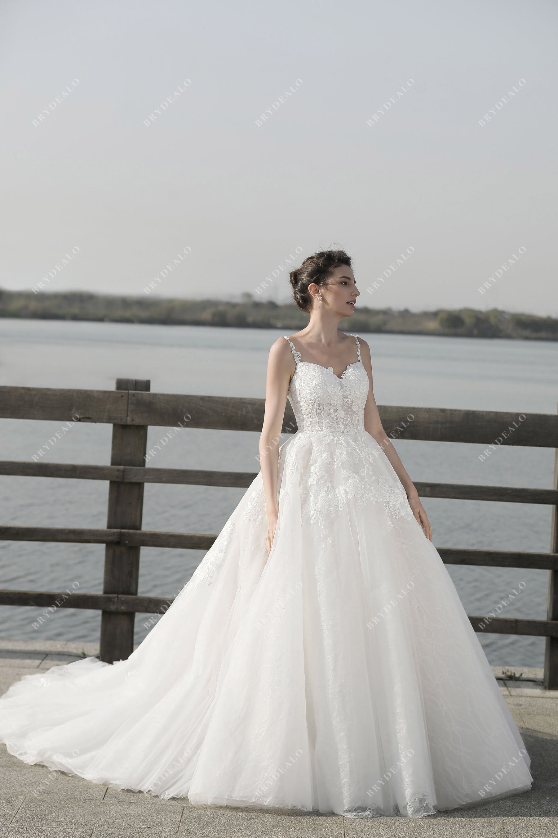 sleeveless tulle chapel train bridal dress