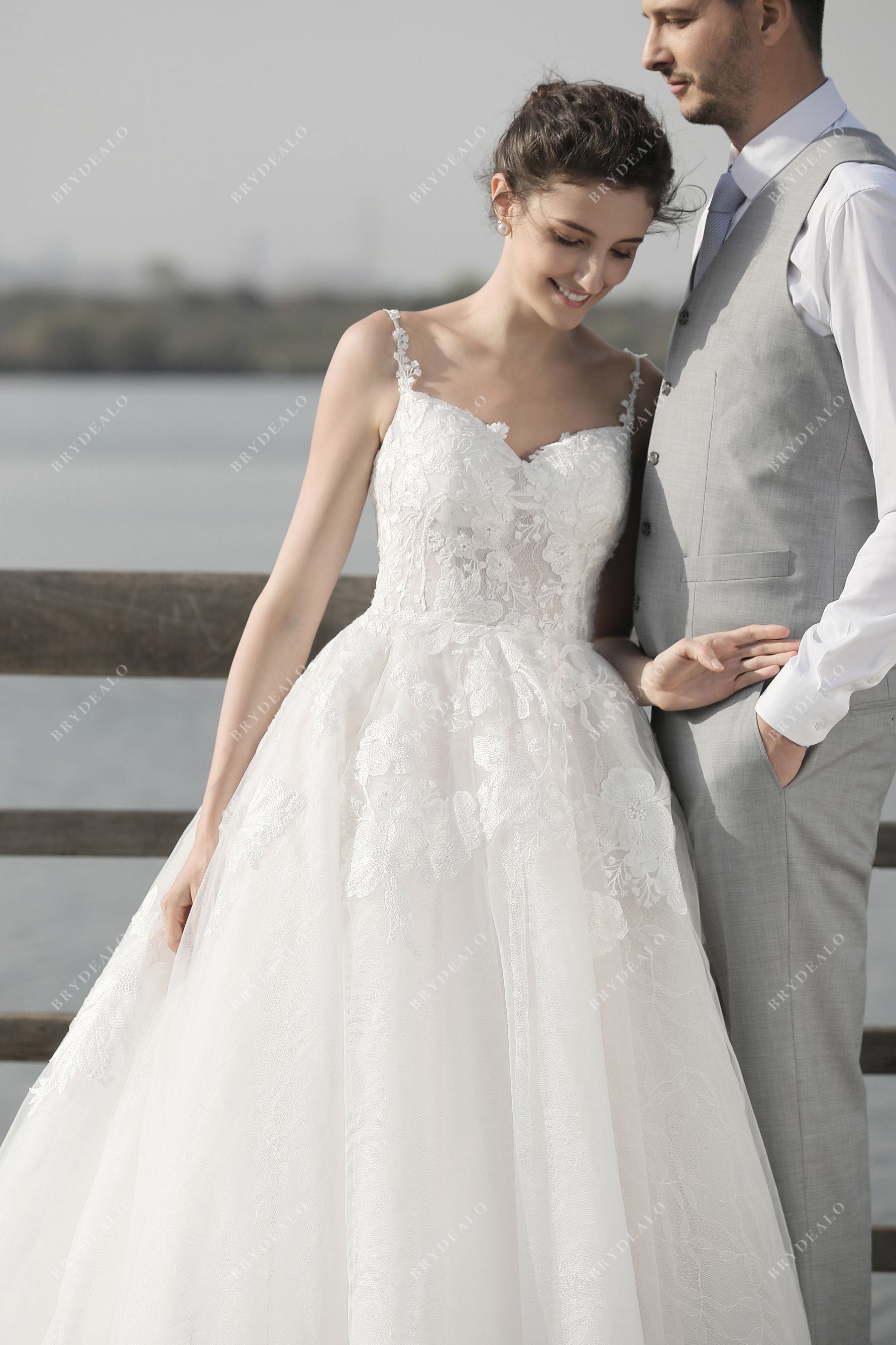 lace straps illusion bodice wedding ballgown