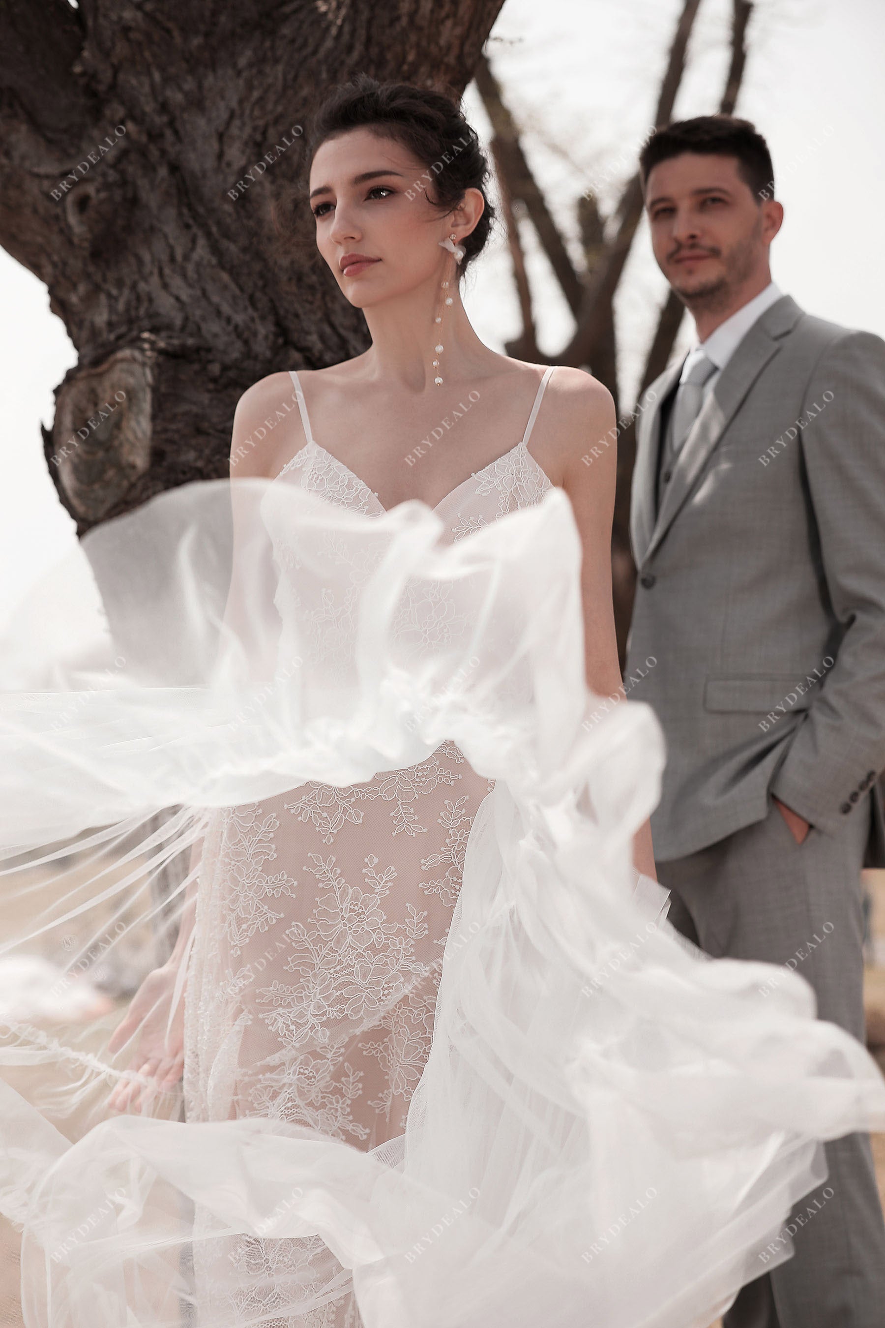 floral lace tulle beach bridal dress