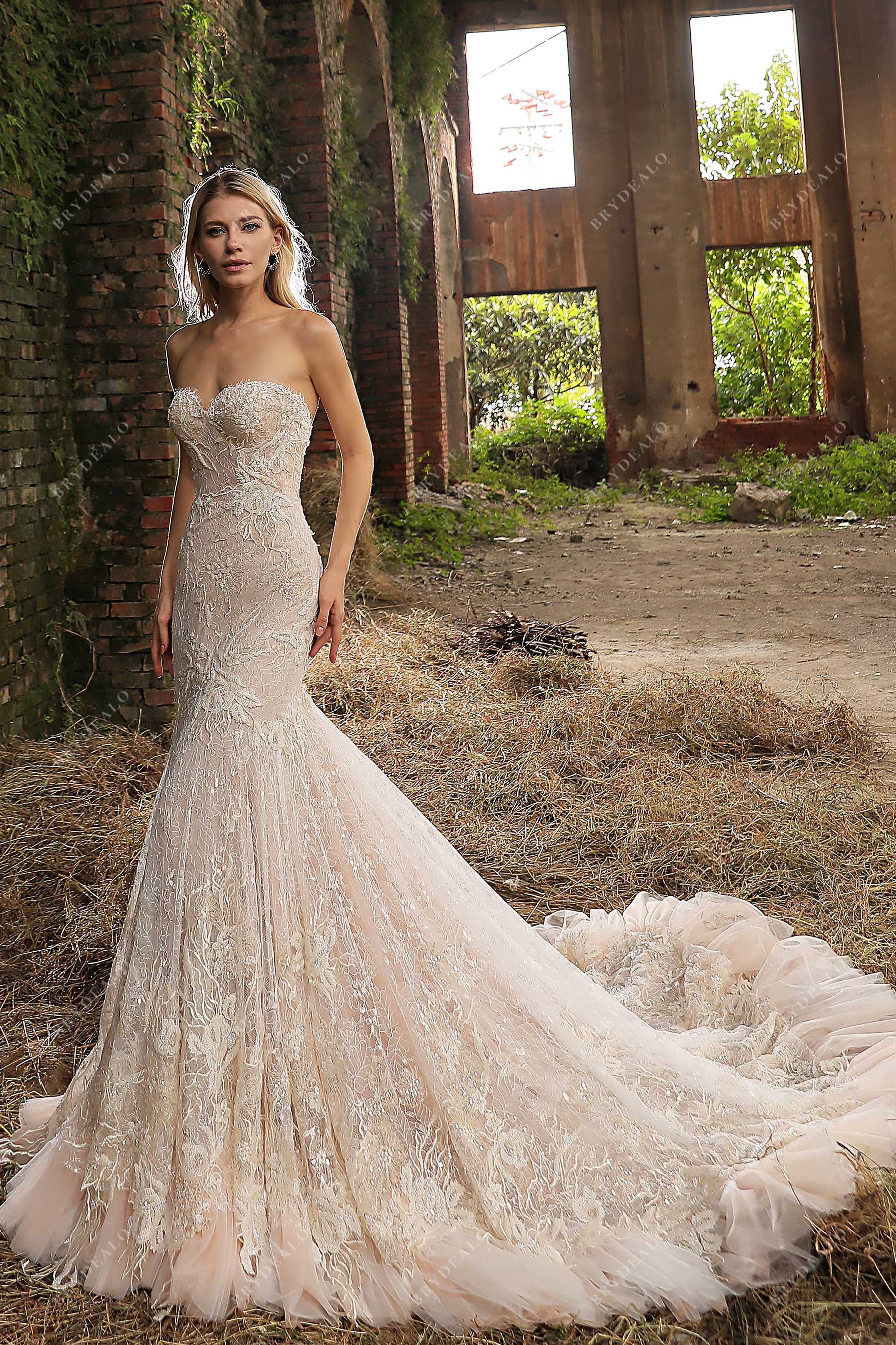 shimmery lace applique mermaid wedding dress