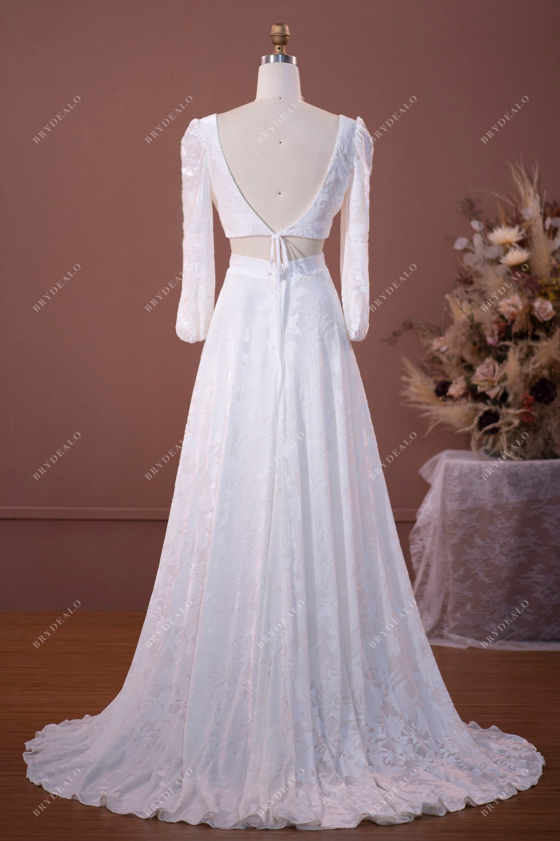 v-back long sleeve velvet wedding dress