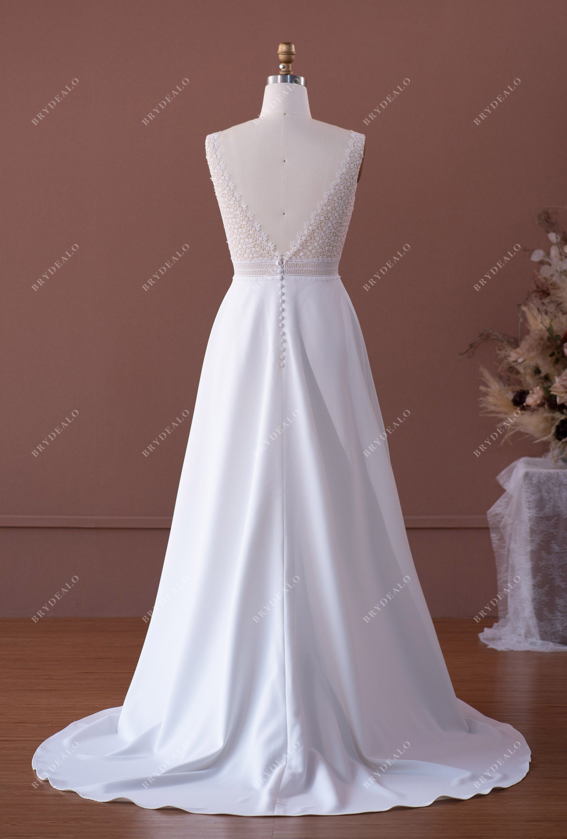 deep v-back sweep train bridal dress