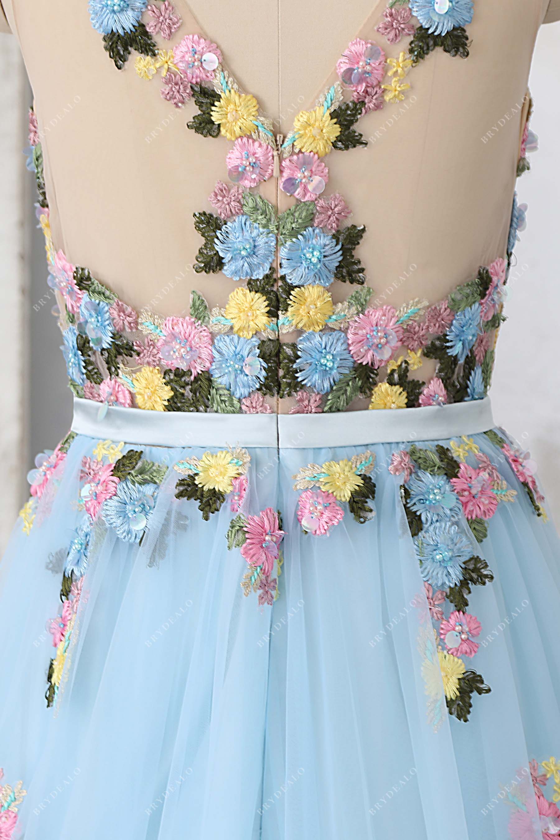 flower straps sky blue tulle prom dress