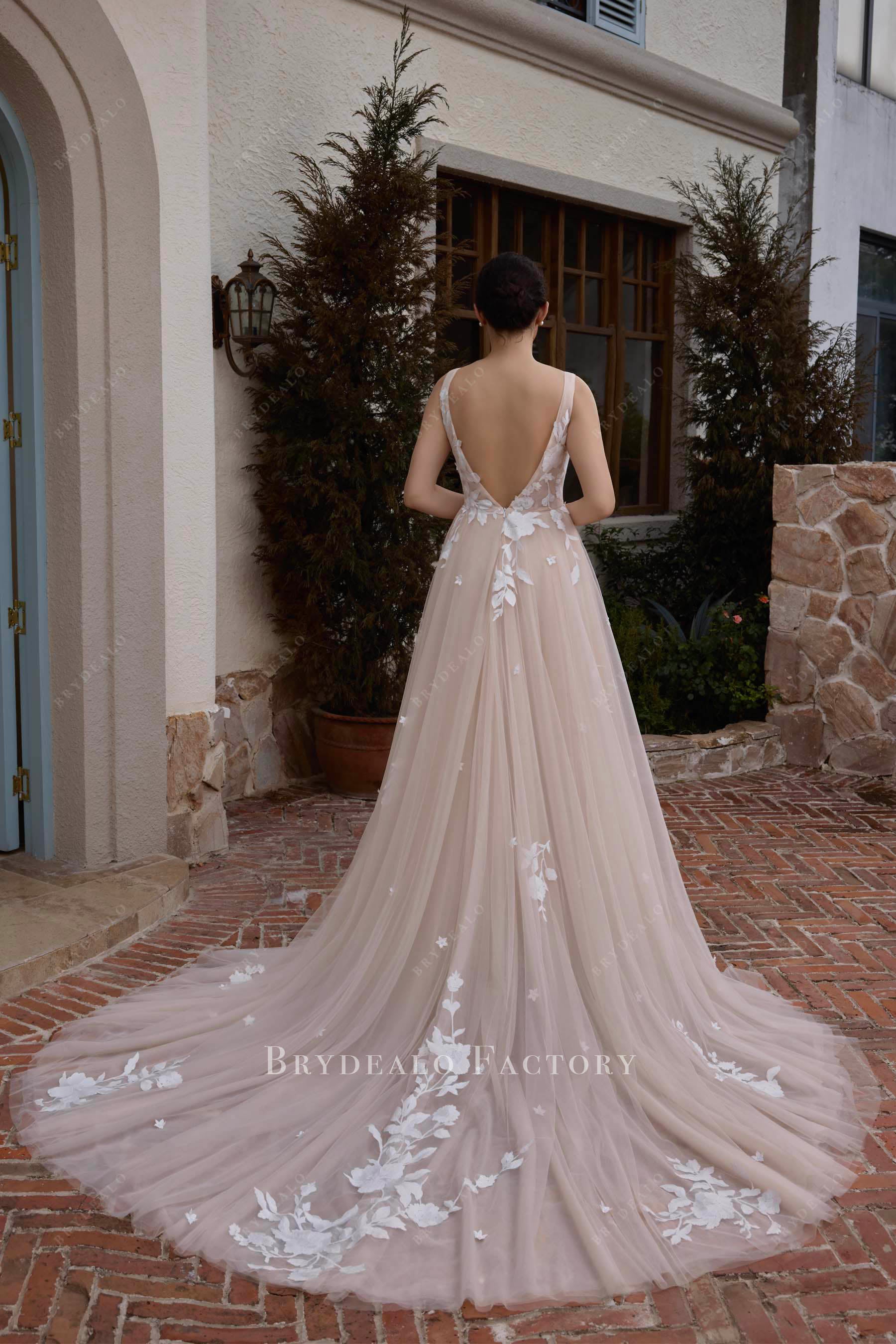 v back lace long train wedding dress