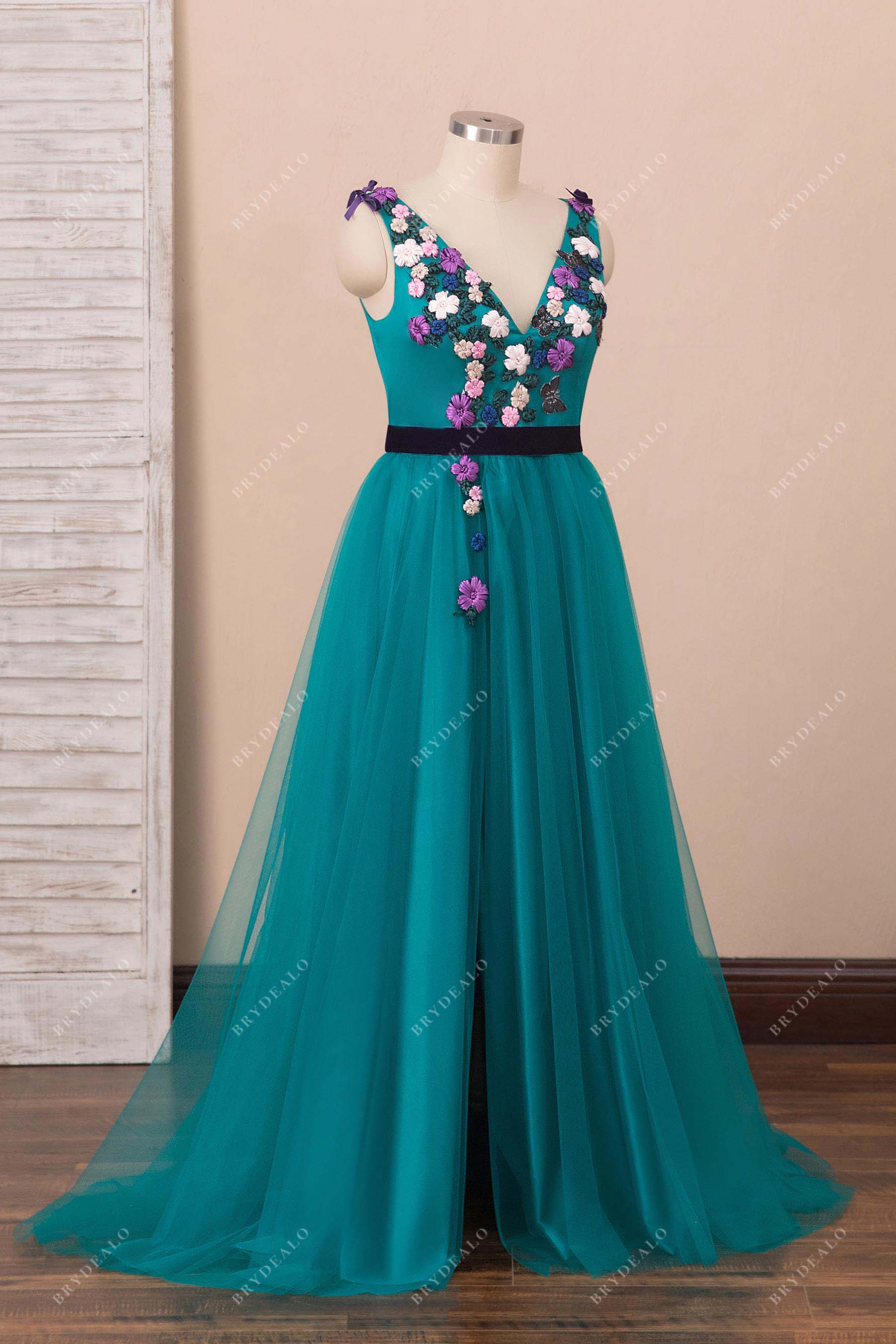 3D flowers slit formal dress  