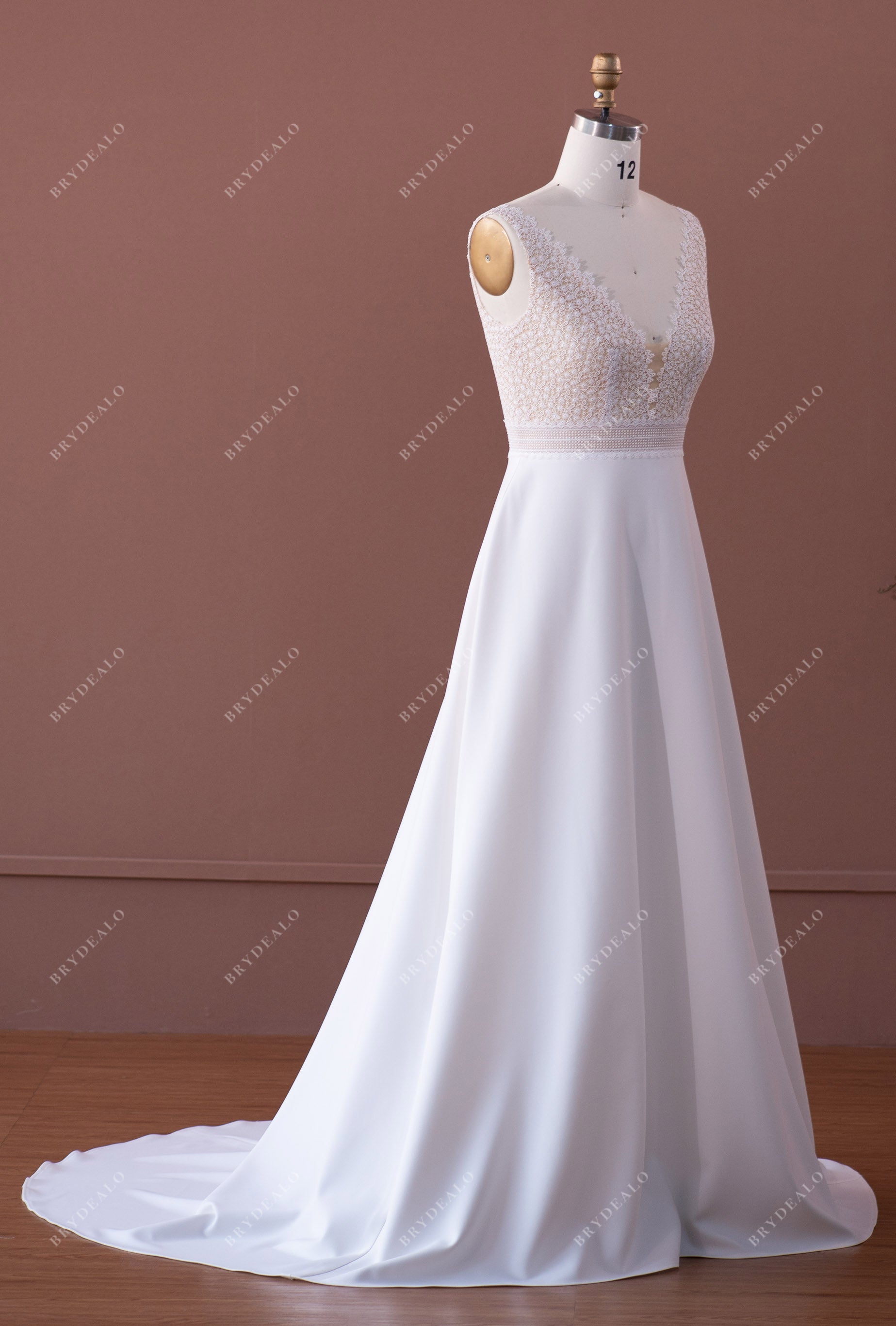 lace plunging neck A-line wedding dress