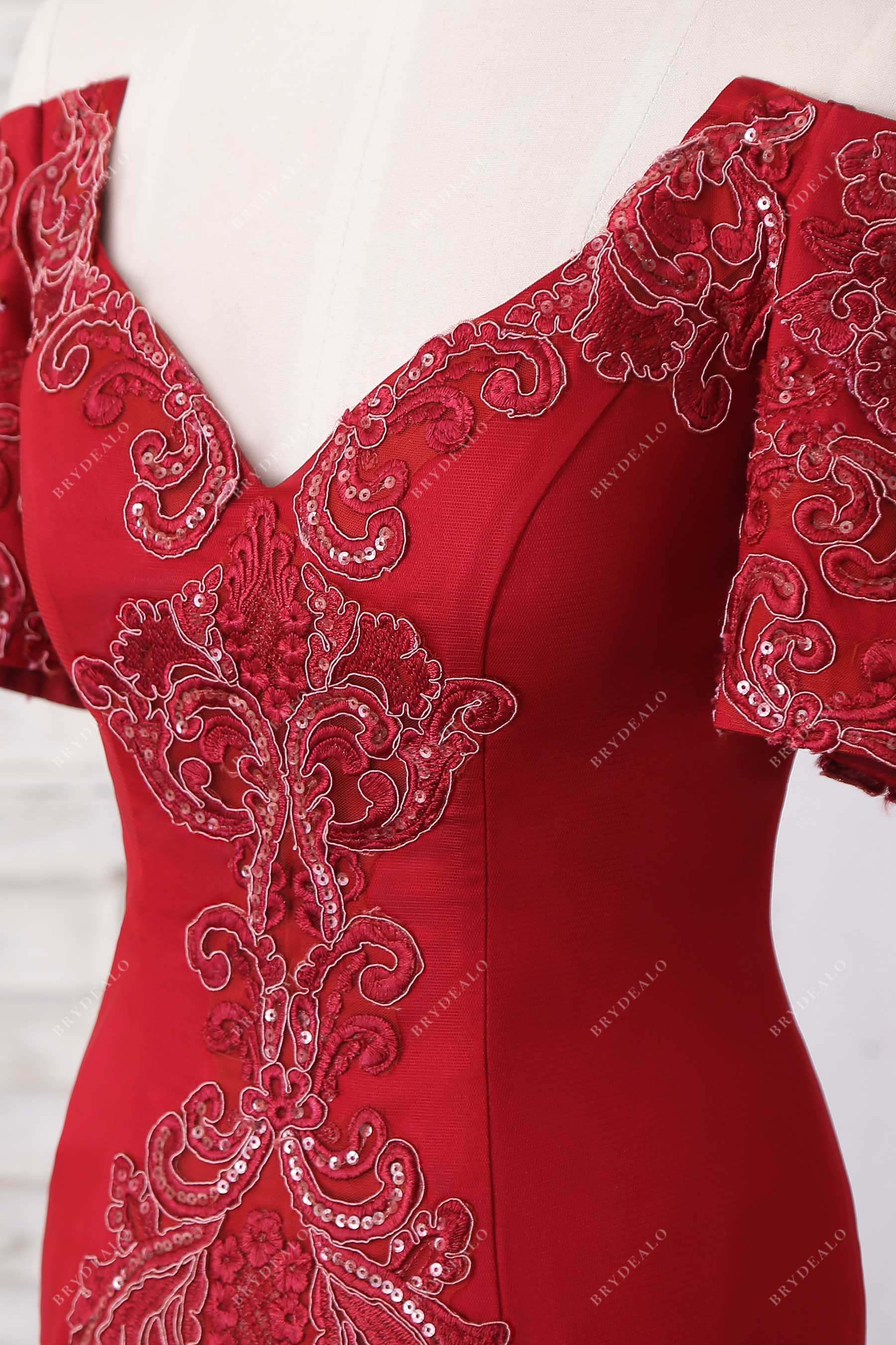 red sequin lace applique v-neck prom dress