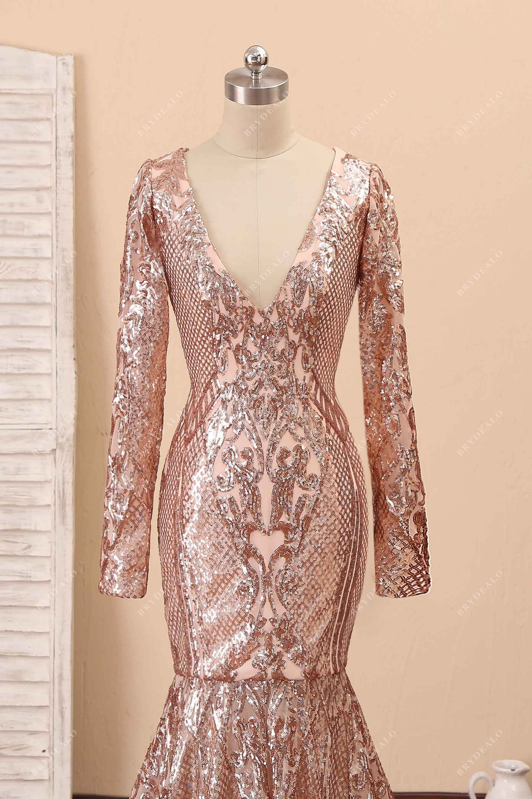 plunging neck sequin pattern evening dress