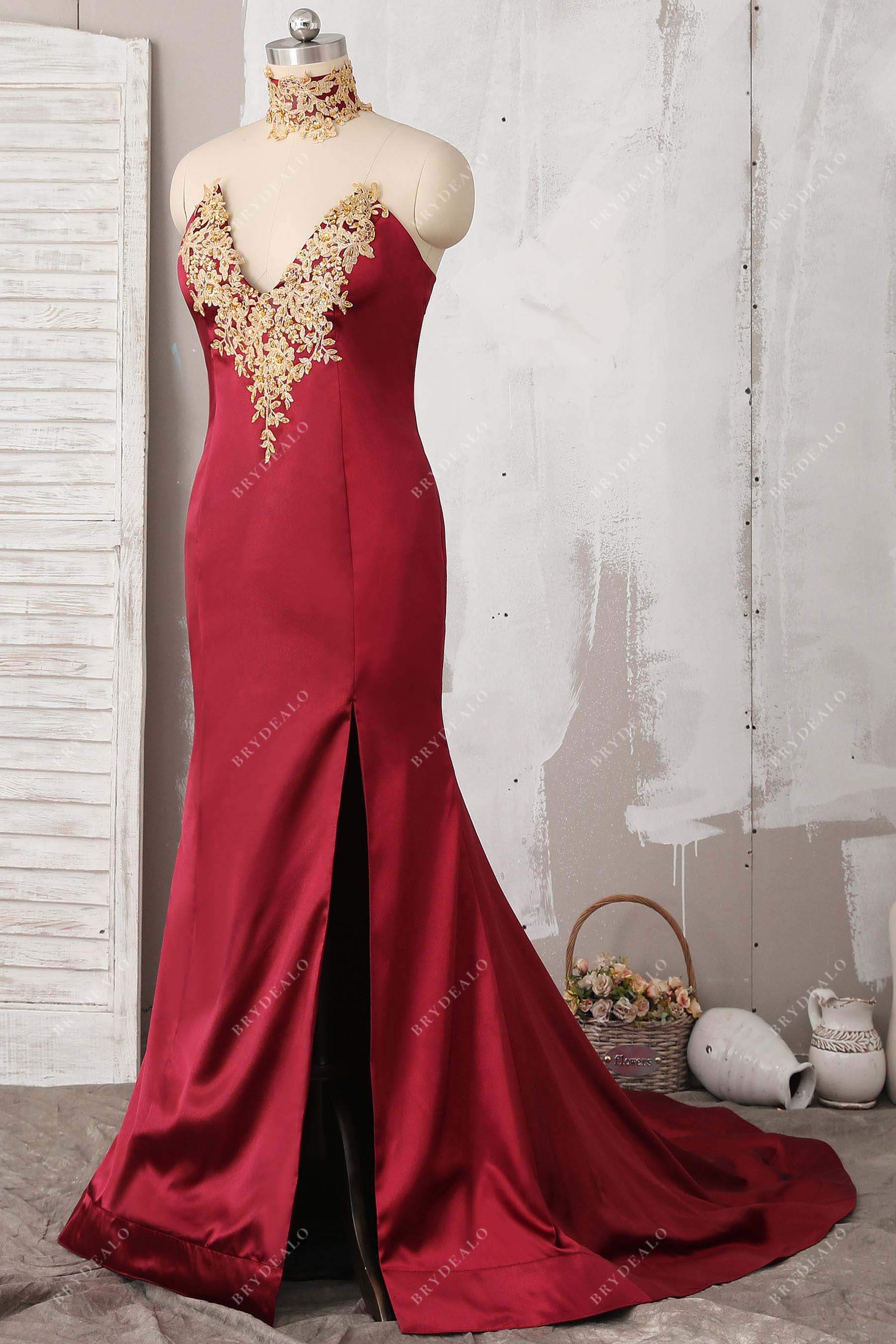 v-neck sleeveless slit prom dress