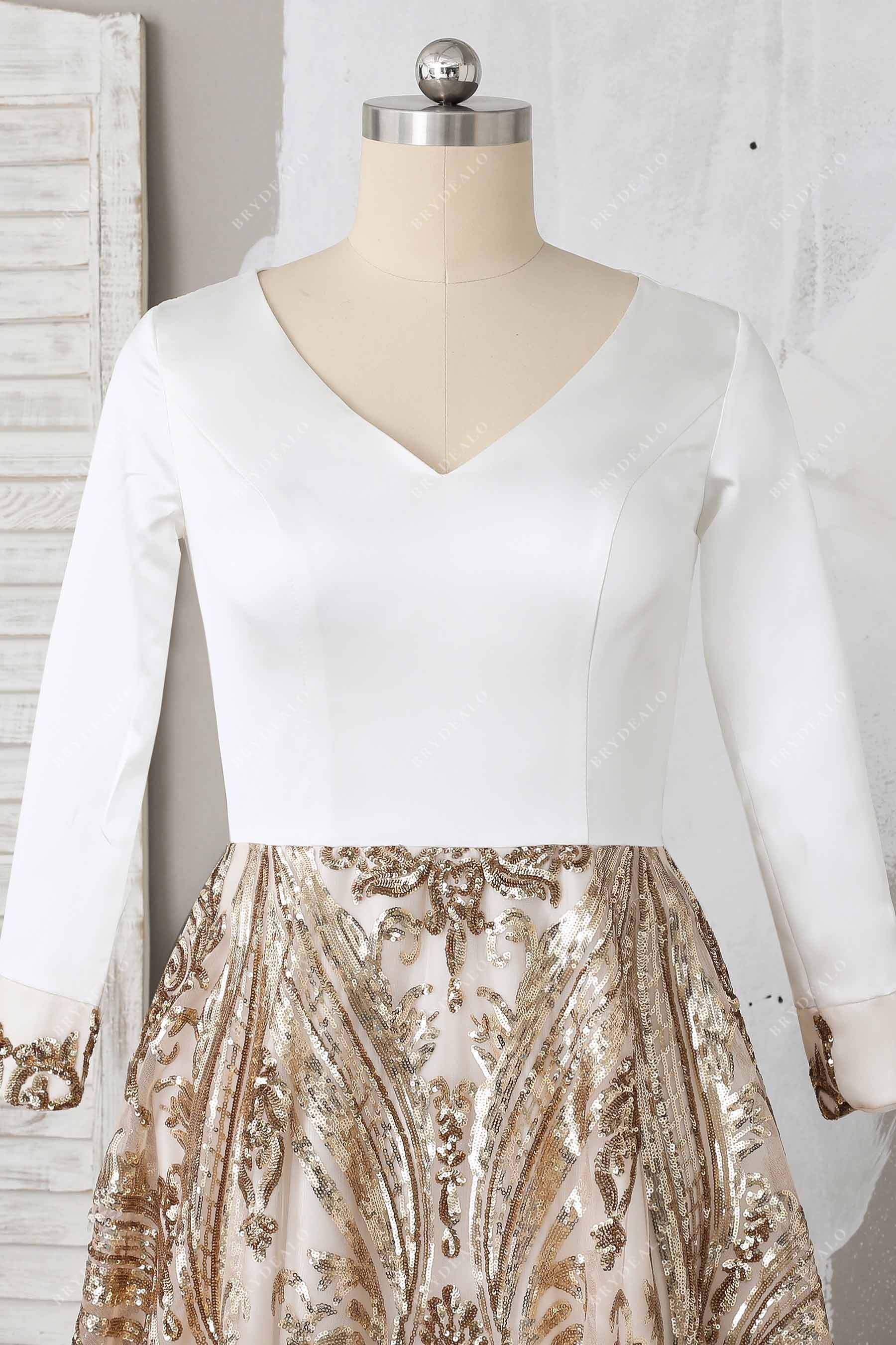 V-neck long sleeve white satin formal gown