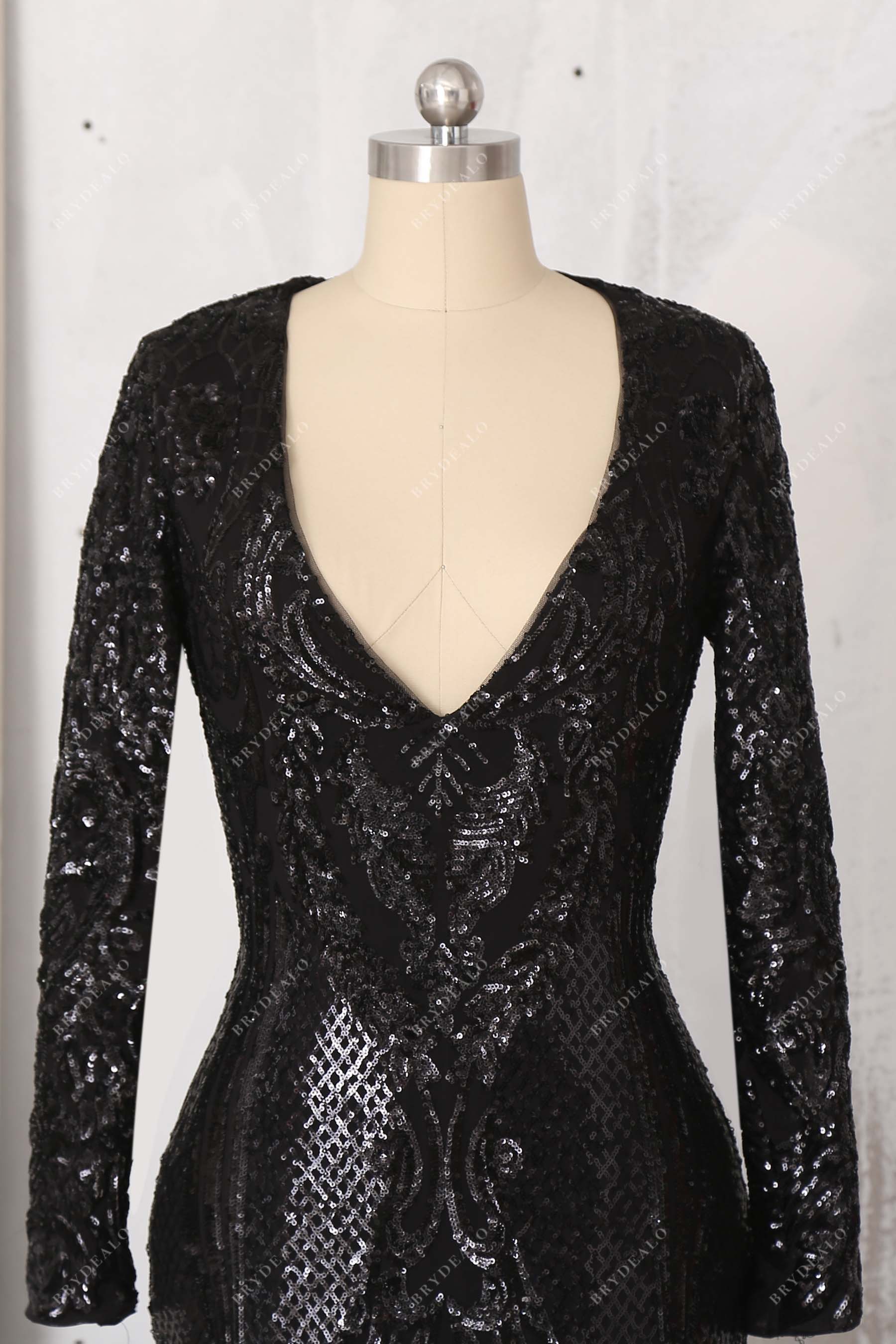 deep v-neck long sleeve prom dress
