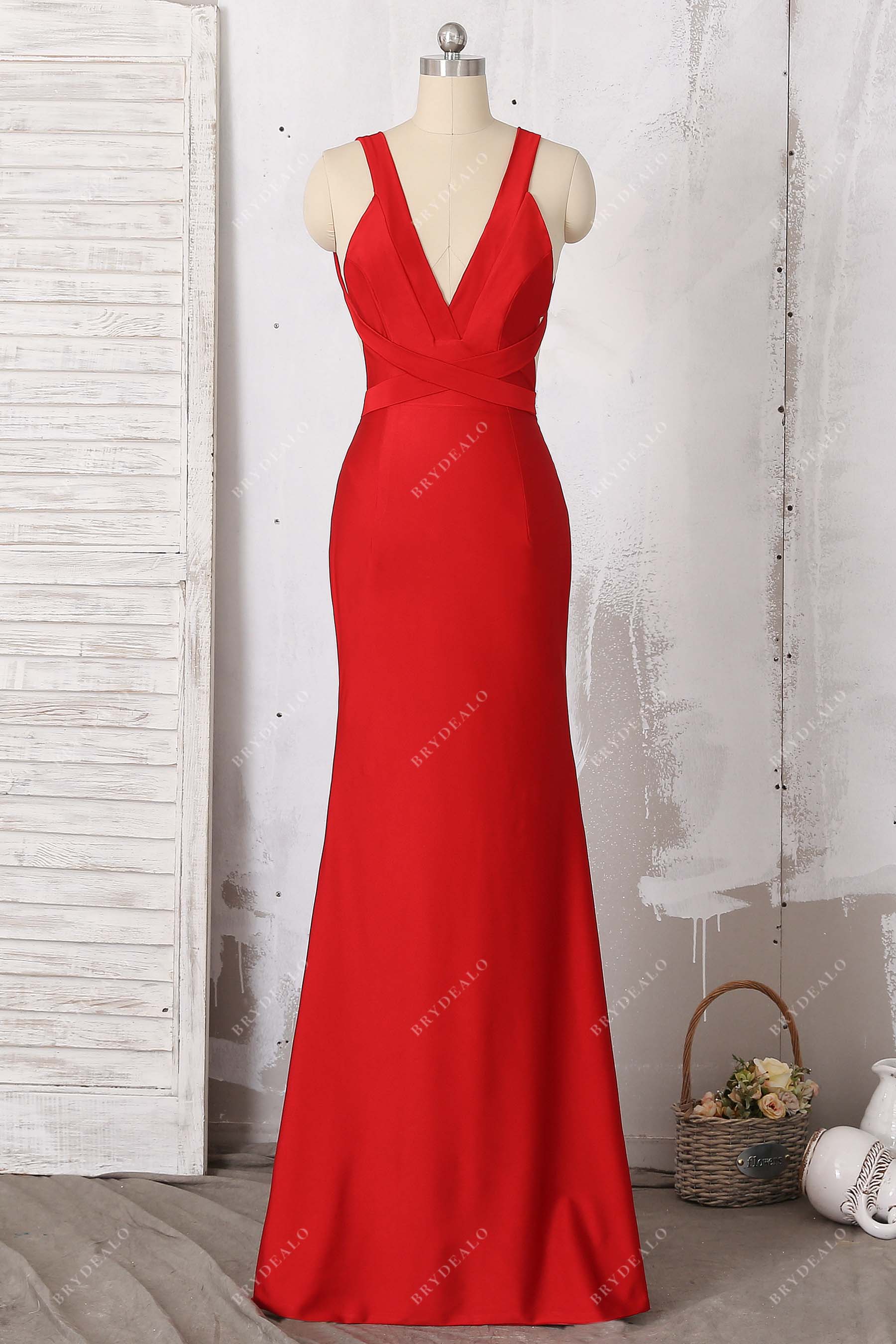 red jersey plunging neck prom dress