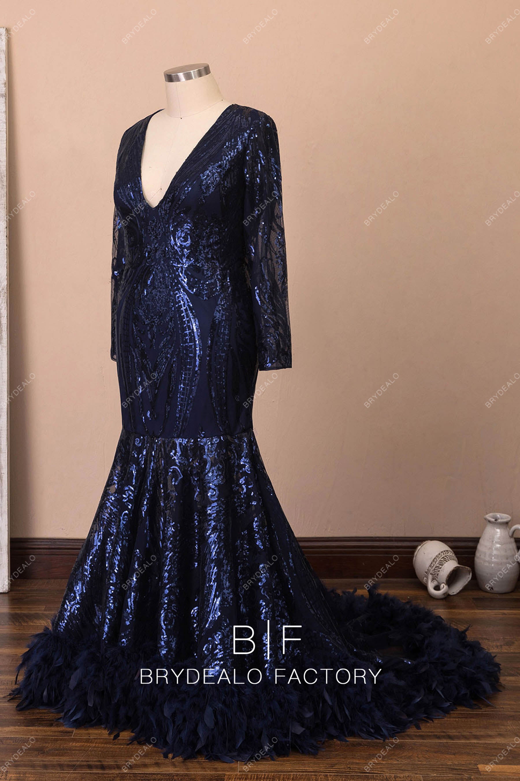 Navy Sequin Long Sleeve Feather Mermaid Plus Size Prom Dress Brydealo Navy Sequin Long Sleeve Feather Mermaid Plus Size Prom Dress Brydealo
