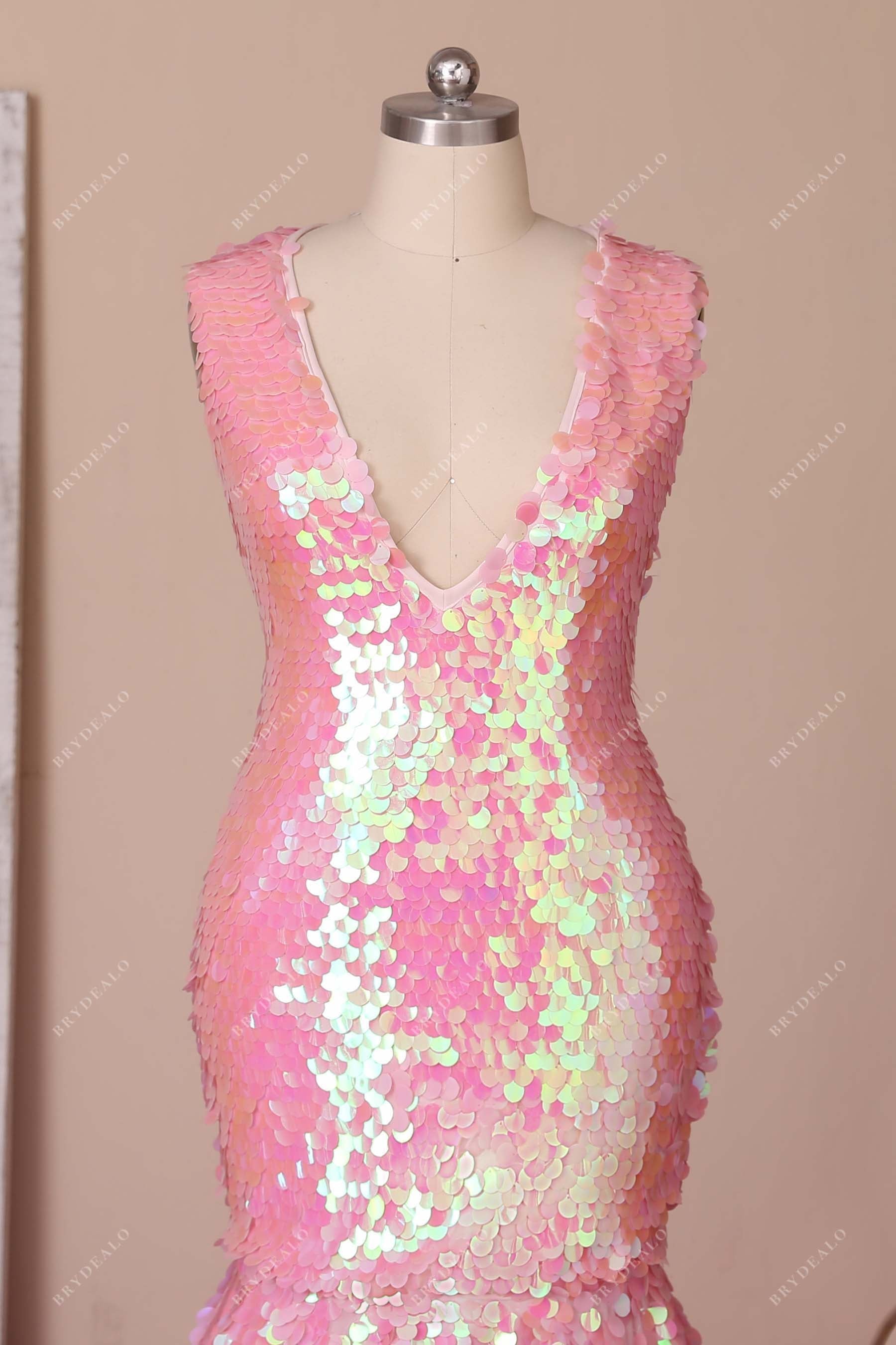 V-neck pink sequin prom gown