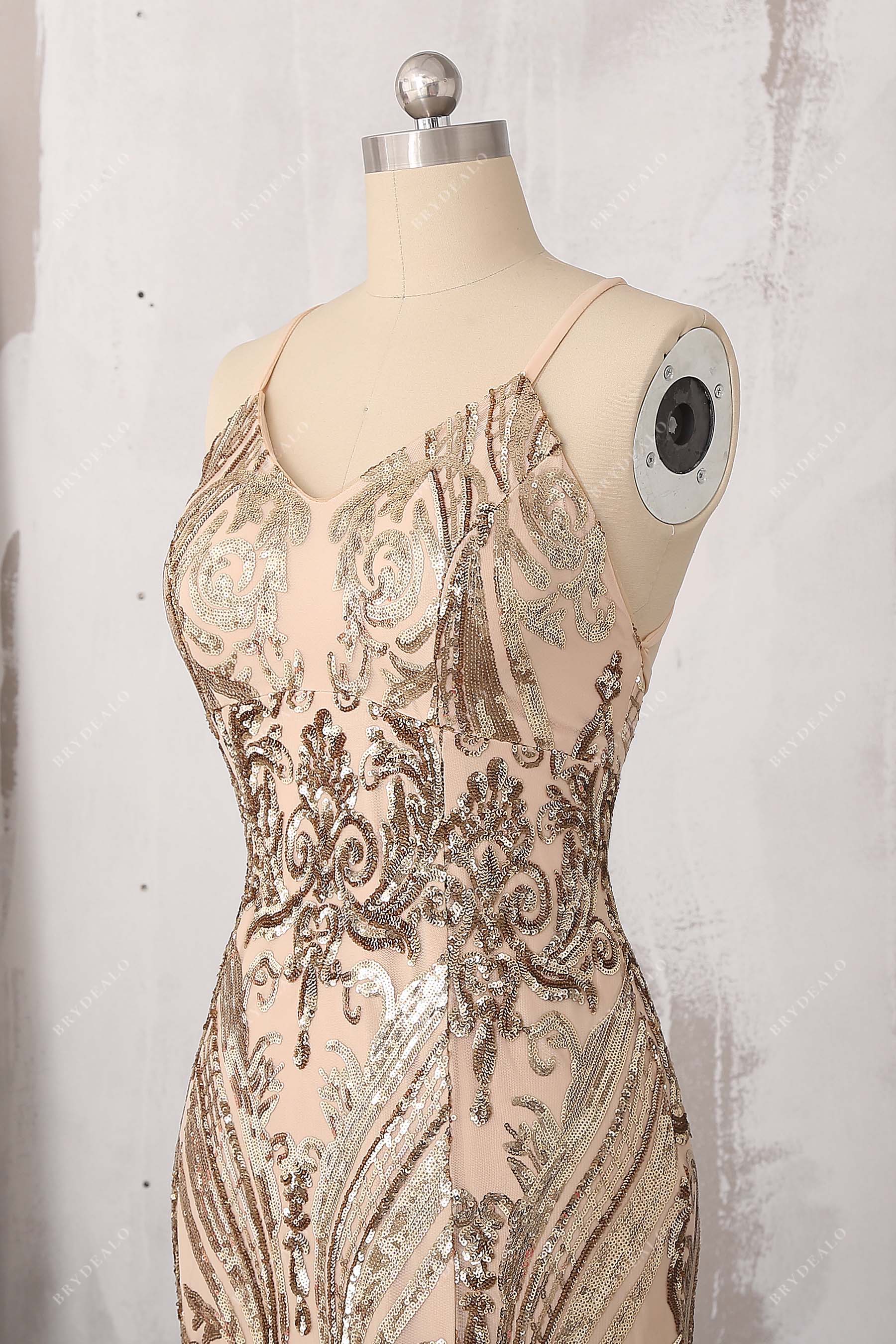 V-neck sleeveless gold sequin prom dress