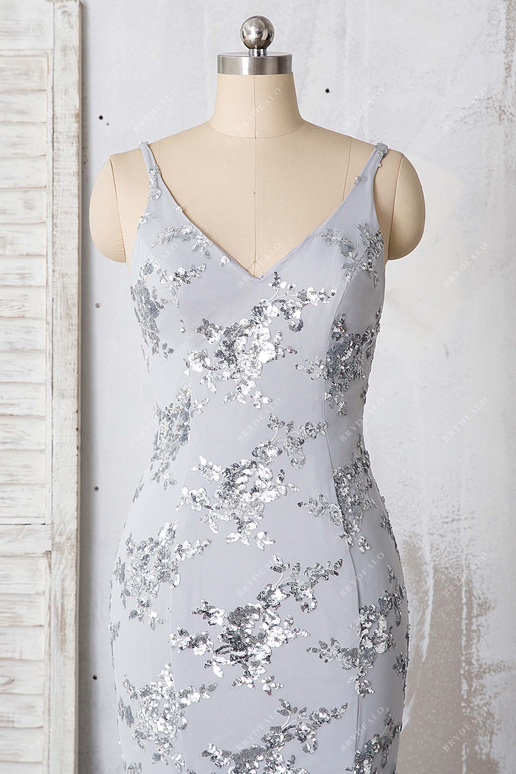 V-neck spaghetti straps silver sequin formal dress