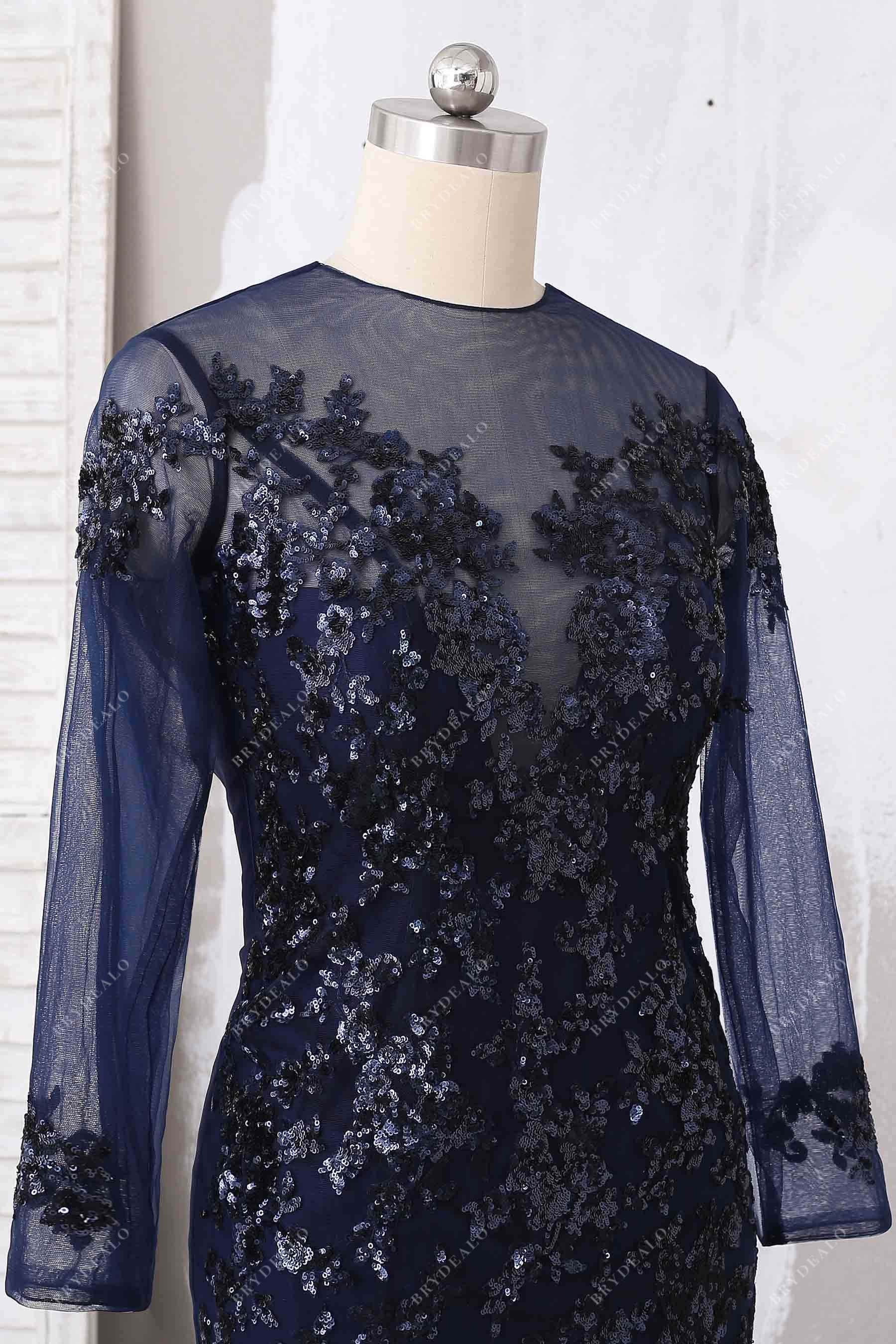 navy sequin appliqued prom dress