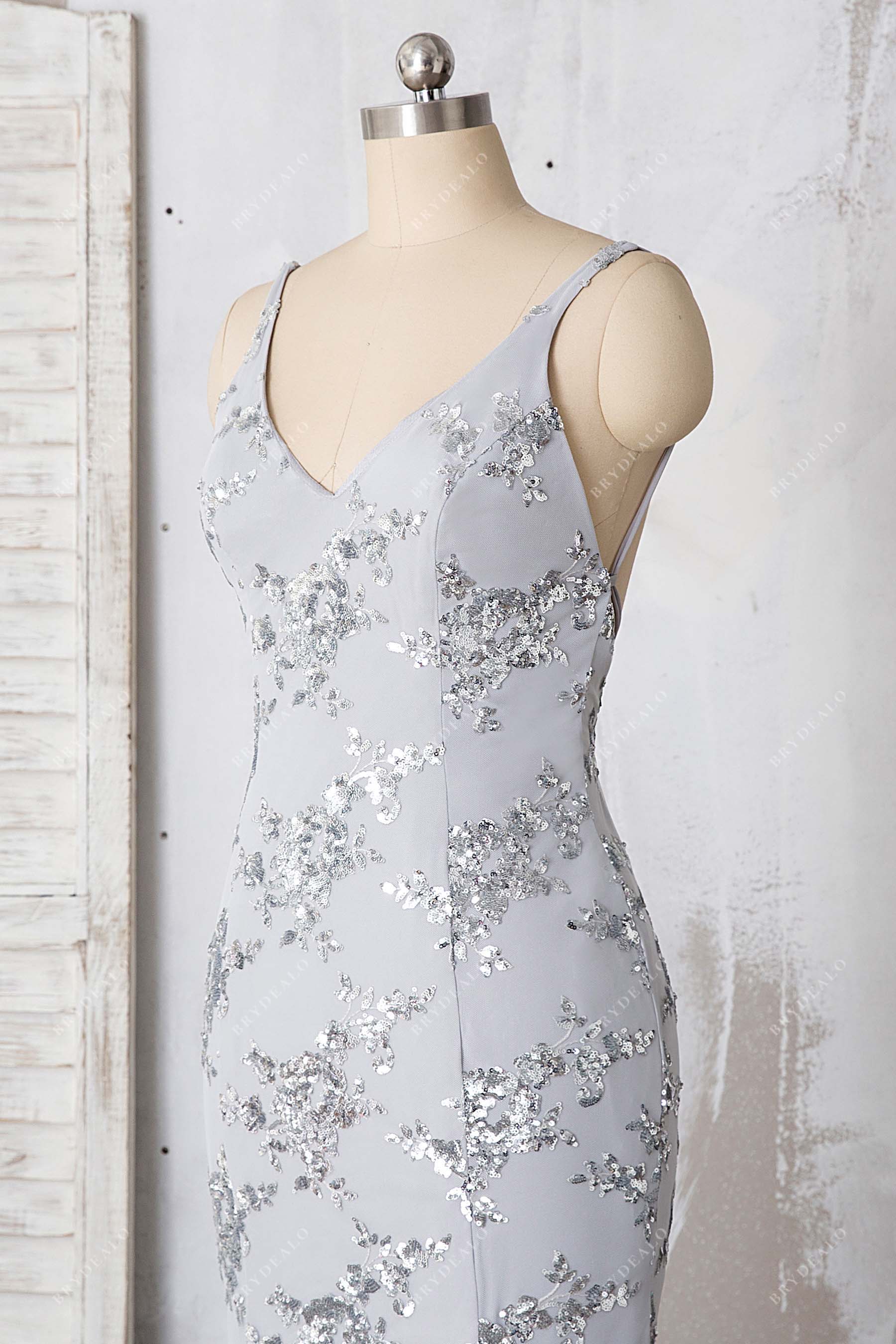 allover sequins V-neck silver formal gown