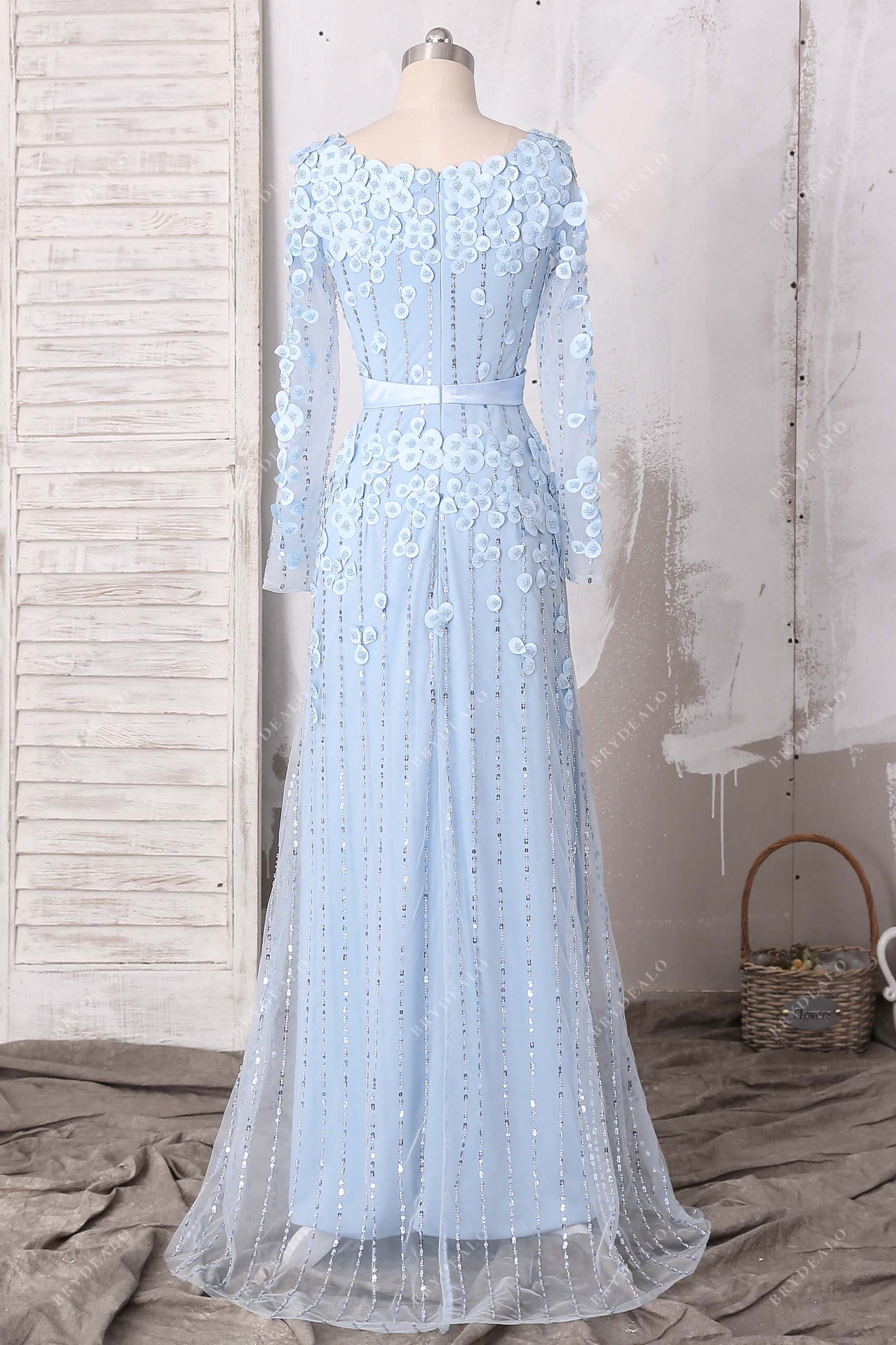 sparkly sequin illusion long sleeve formal dress