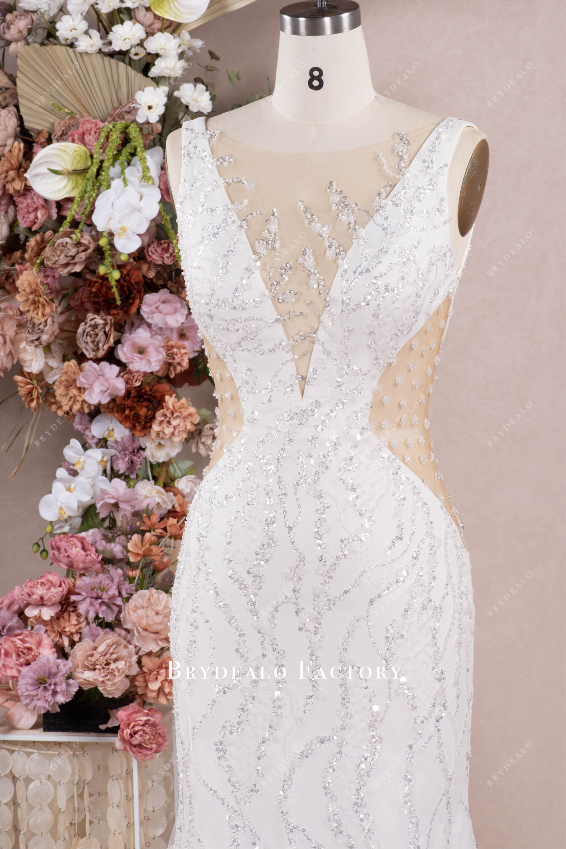 Beaded Lace Cutout Long Mermaid Wedding Dress