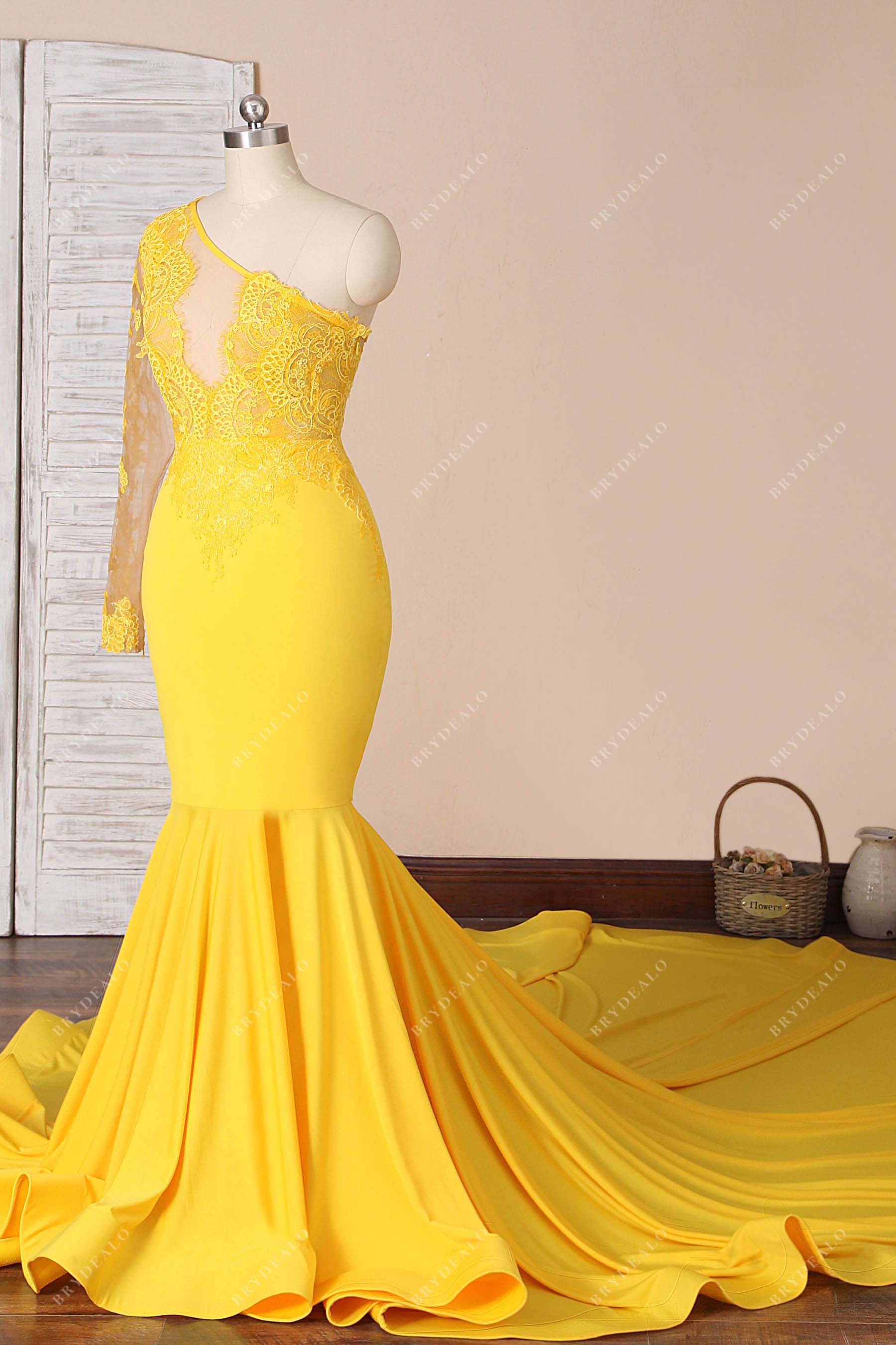 asymmetrical neck yellow jersey prom dress