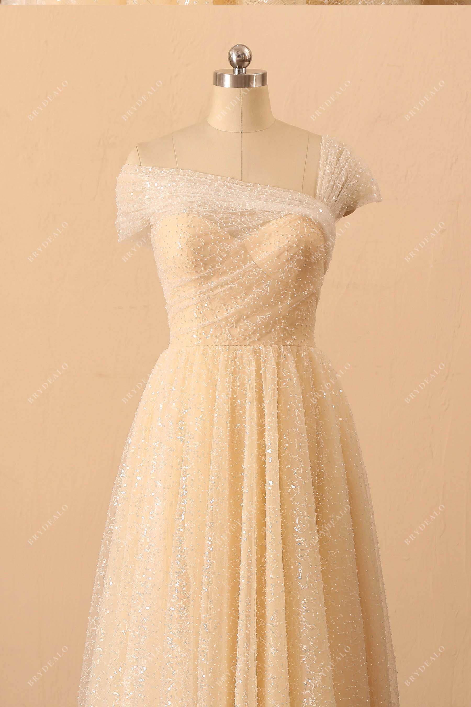 asymmetrical neck champagne tulle prom dress
