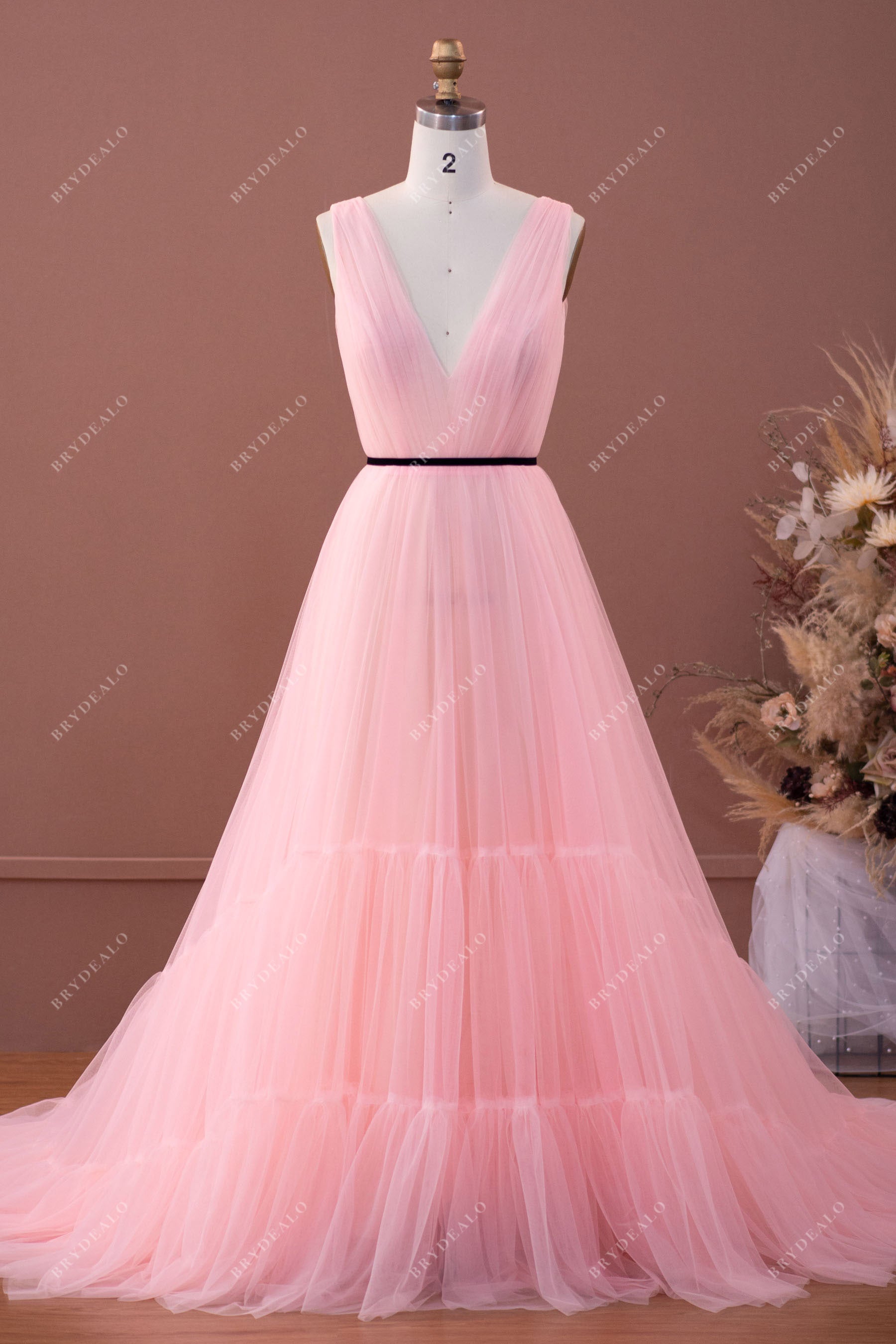 baby pink pleated bodice tiered prom formal dress