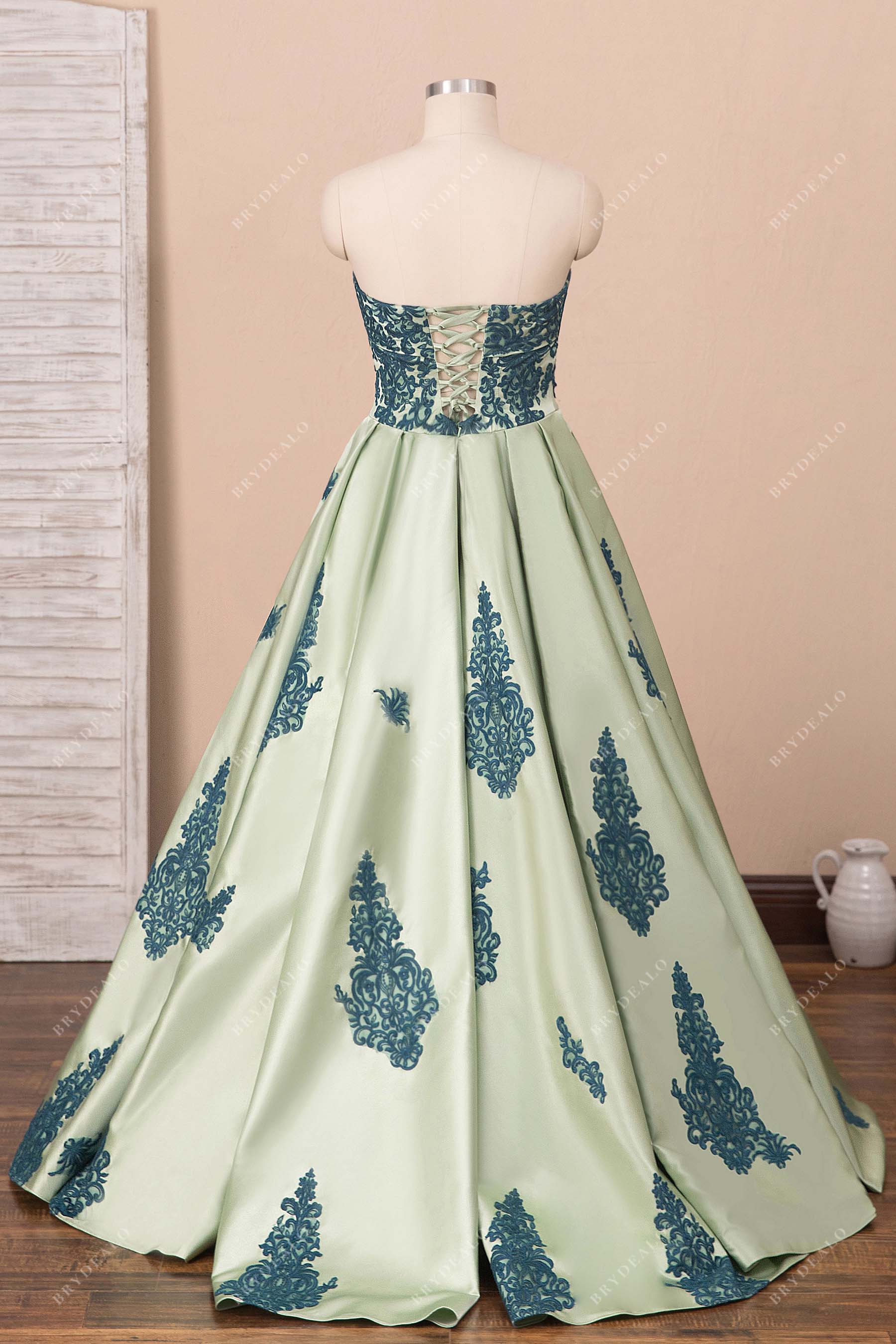 lace up back peacock lace applique prom ballgown